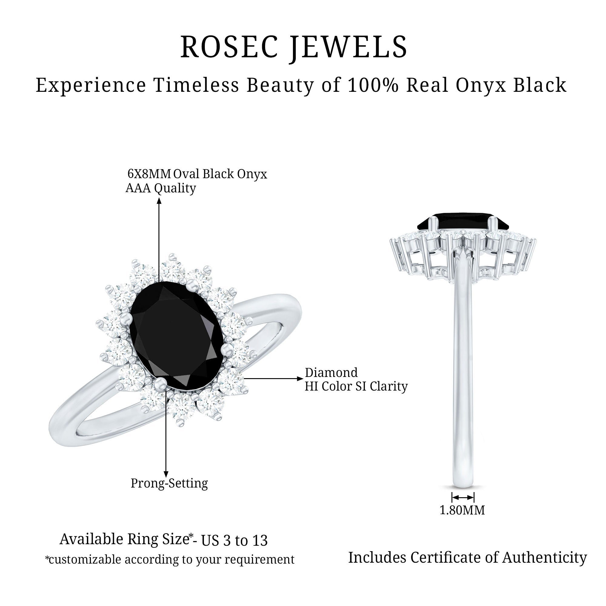Oval Cut Real Black Onyx and Diamond Halo Engagement Ring