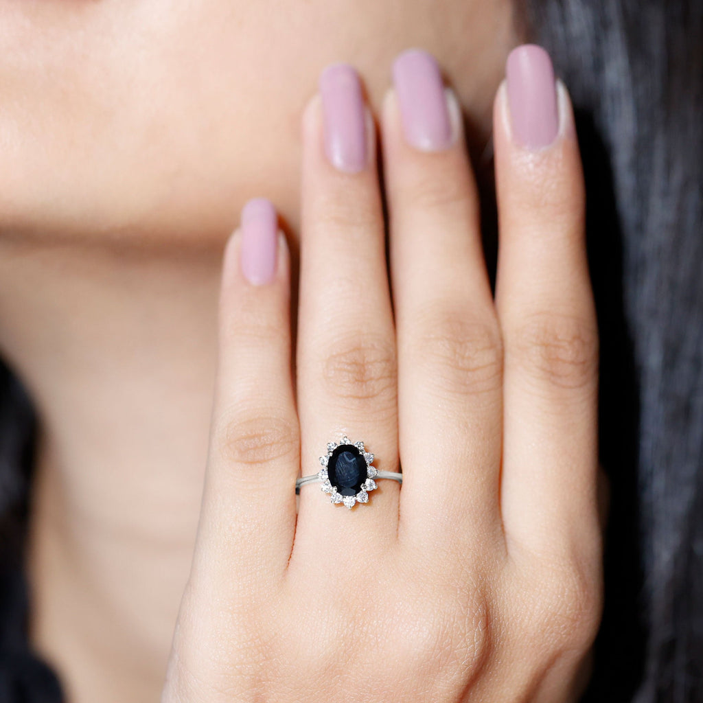 Oval Cut Real Black Onyx and Diamond Halo Engagement Ring
