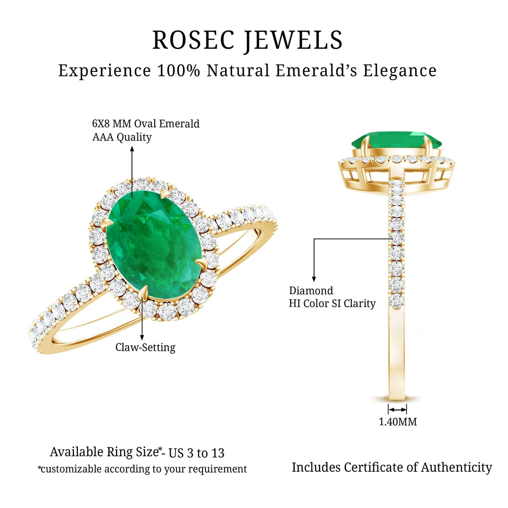Oval Emerald Engagement Ring - AAA Quality 6x8MM Emerald Diamond Halo Ring