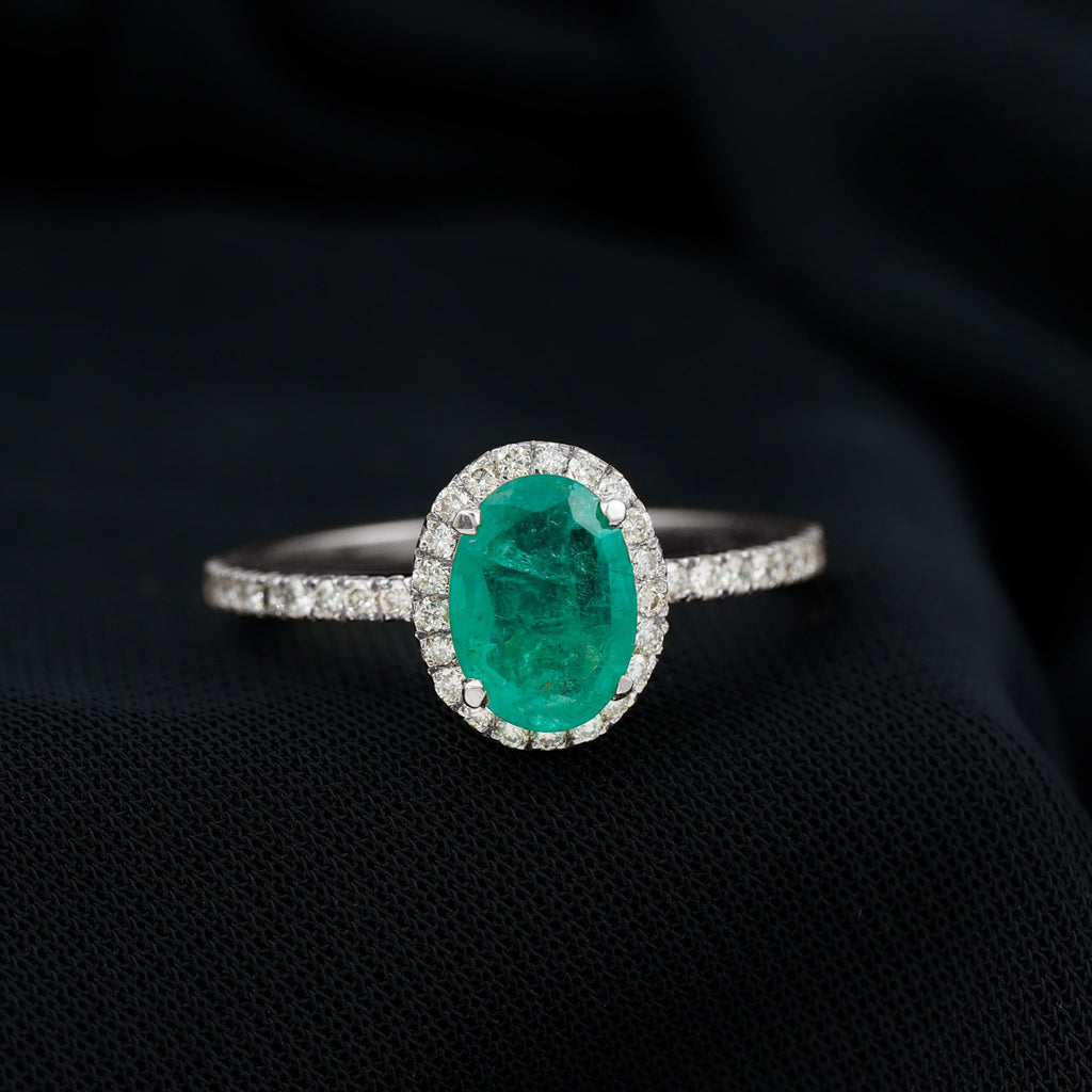 Oval Emerald Engagement Ring - AAA Quality 6x8MM Emerald Diamond Halo Ring