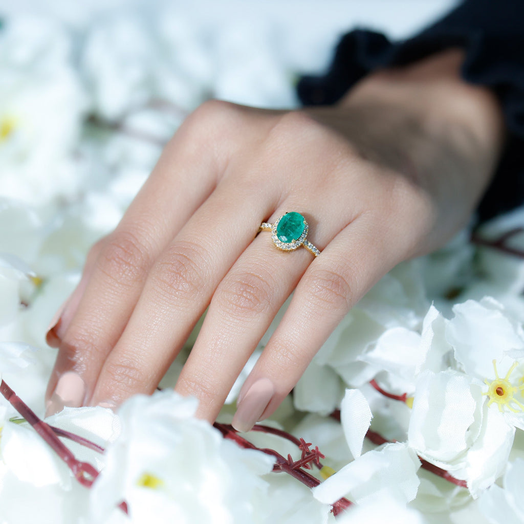 Oval Emerald Engagement Ring - AAA Quality 6x8MM Emerald Diamond Halo Ring