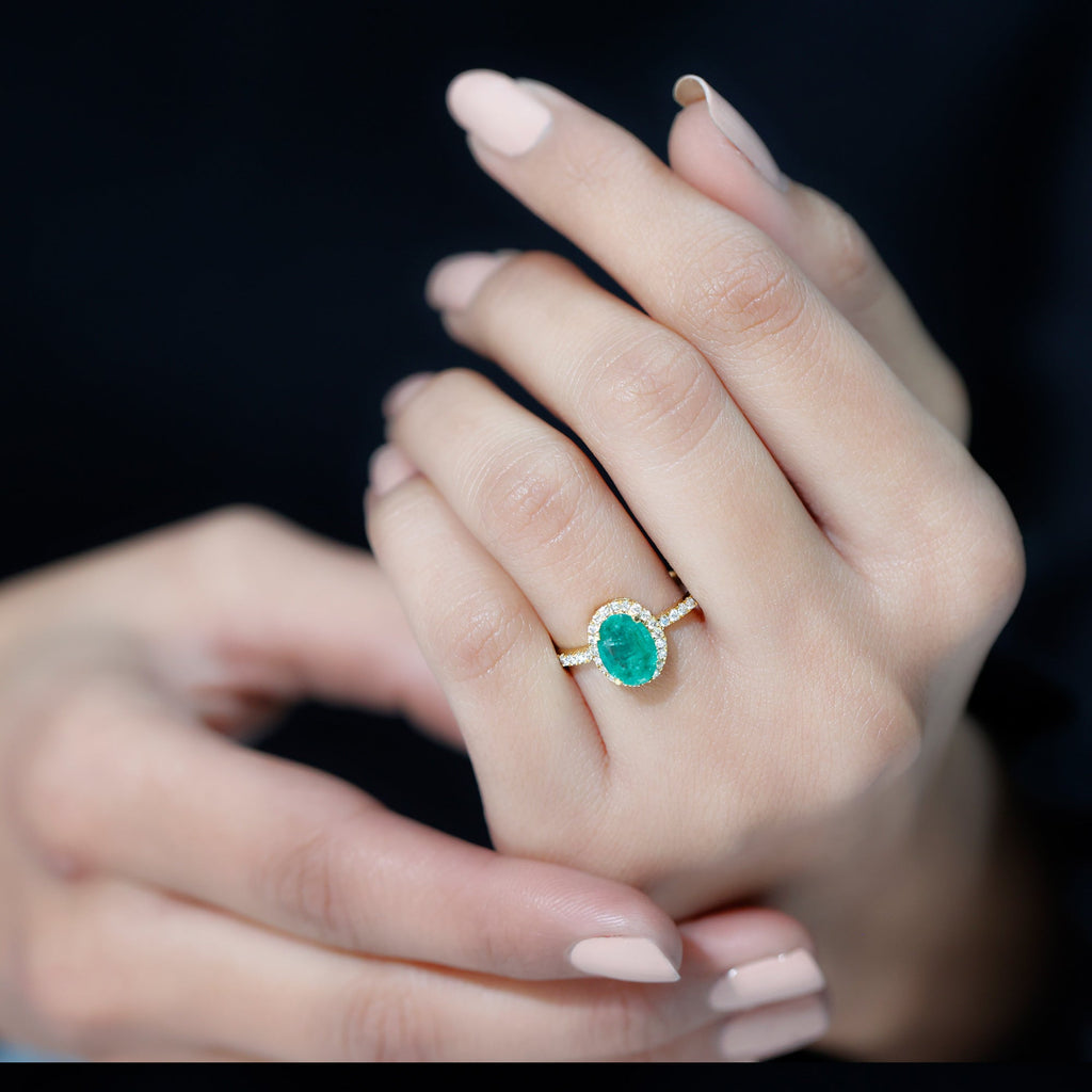 Oval Emerald Engagement Ring - AAA Quality 6x8MM Emerald Diamond Halo Ring