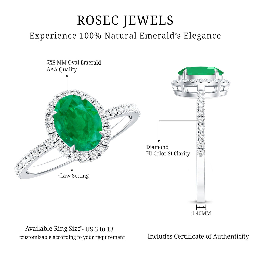 Oval Emerald Engagement Ring - AAA Quality 6x8MM Emerald Diamond Halo Ring