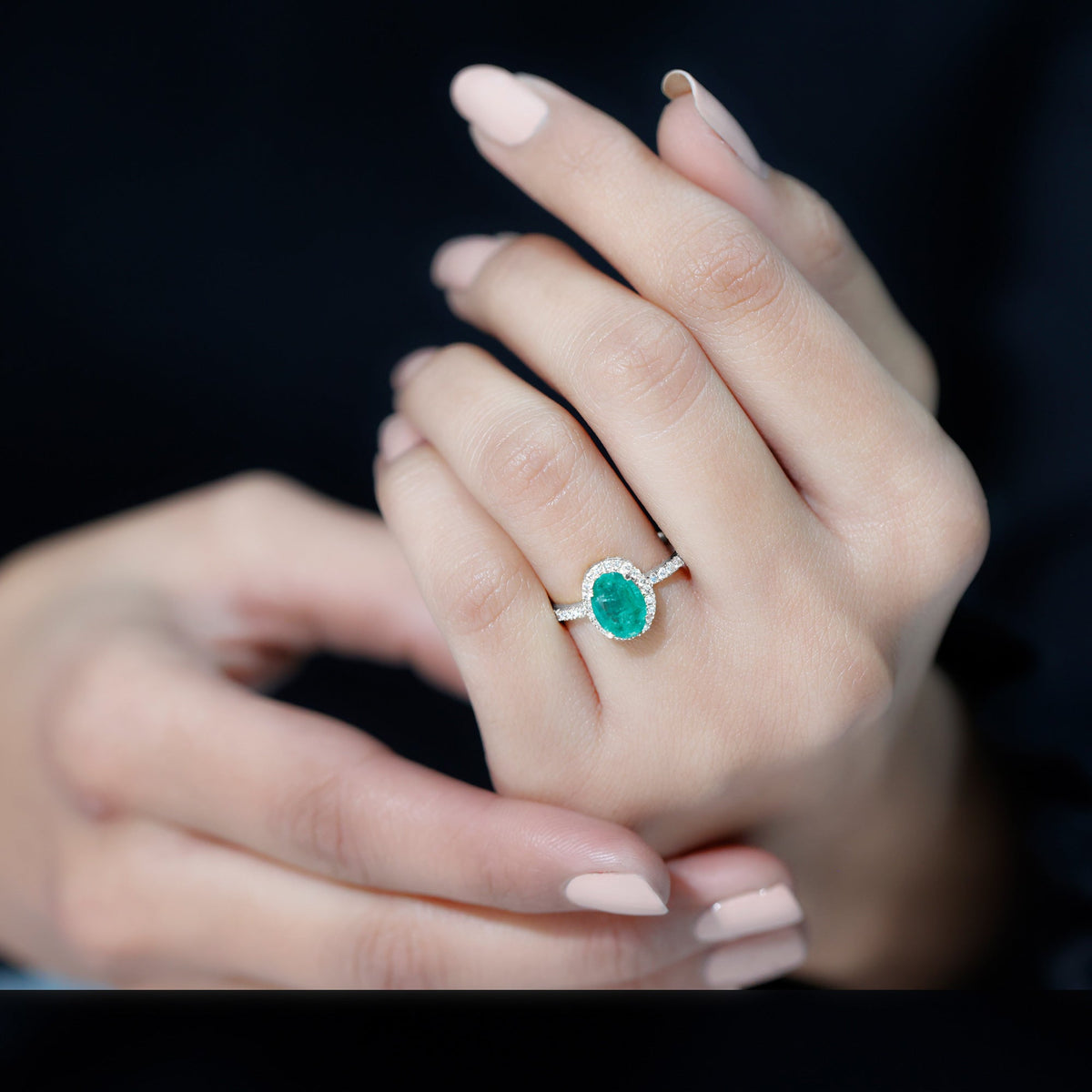 Oval Emerald Engagement Ring - AAA Quality 6x8MM Emerald Diamond Halo Ring