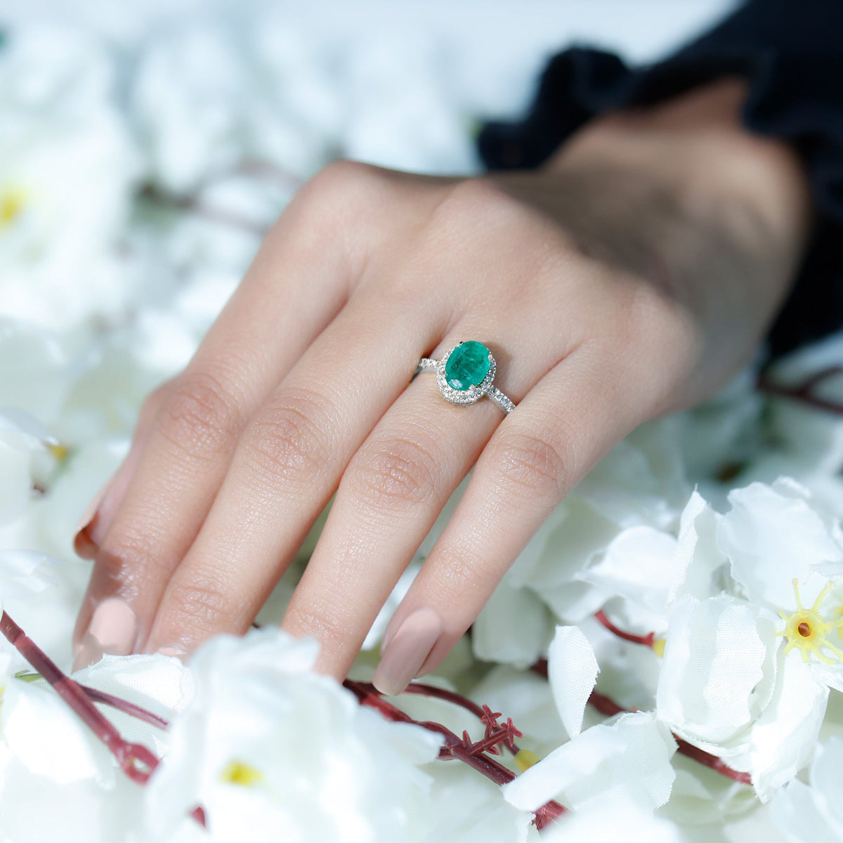 Oval Emerald Engagement Ring - AAA Quality 6x8MM Emerald Diamond Halo Ring