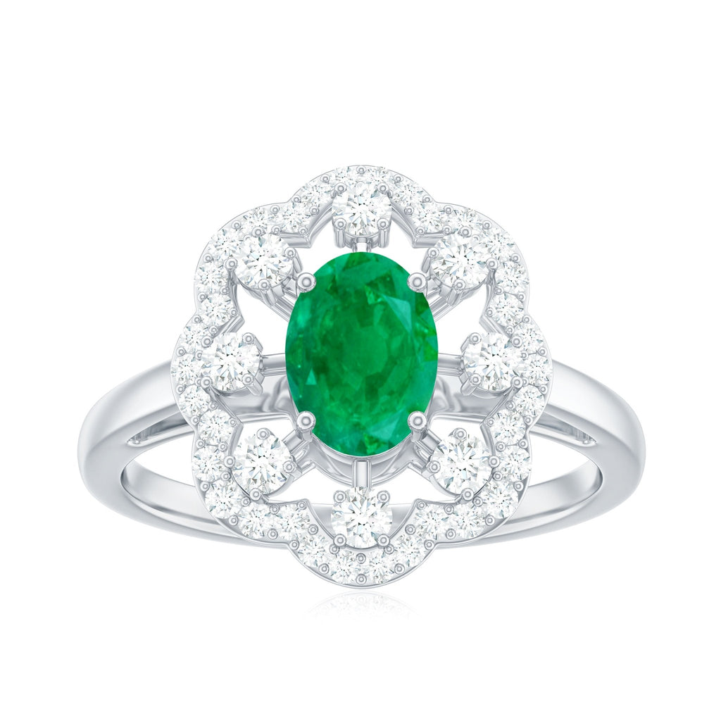 Oval Emerald Engagement Ring – Designer Flower Ring with Lab Grown Diamond Halo