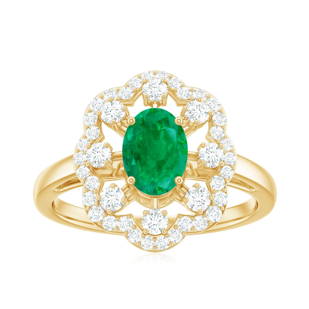 Oval Emerald Engagement Ring – Designer Flower Ring with Lab Grown Diamond Halo