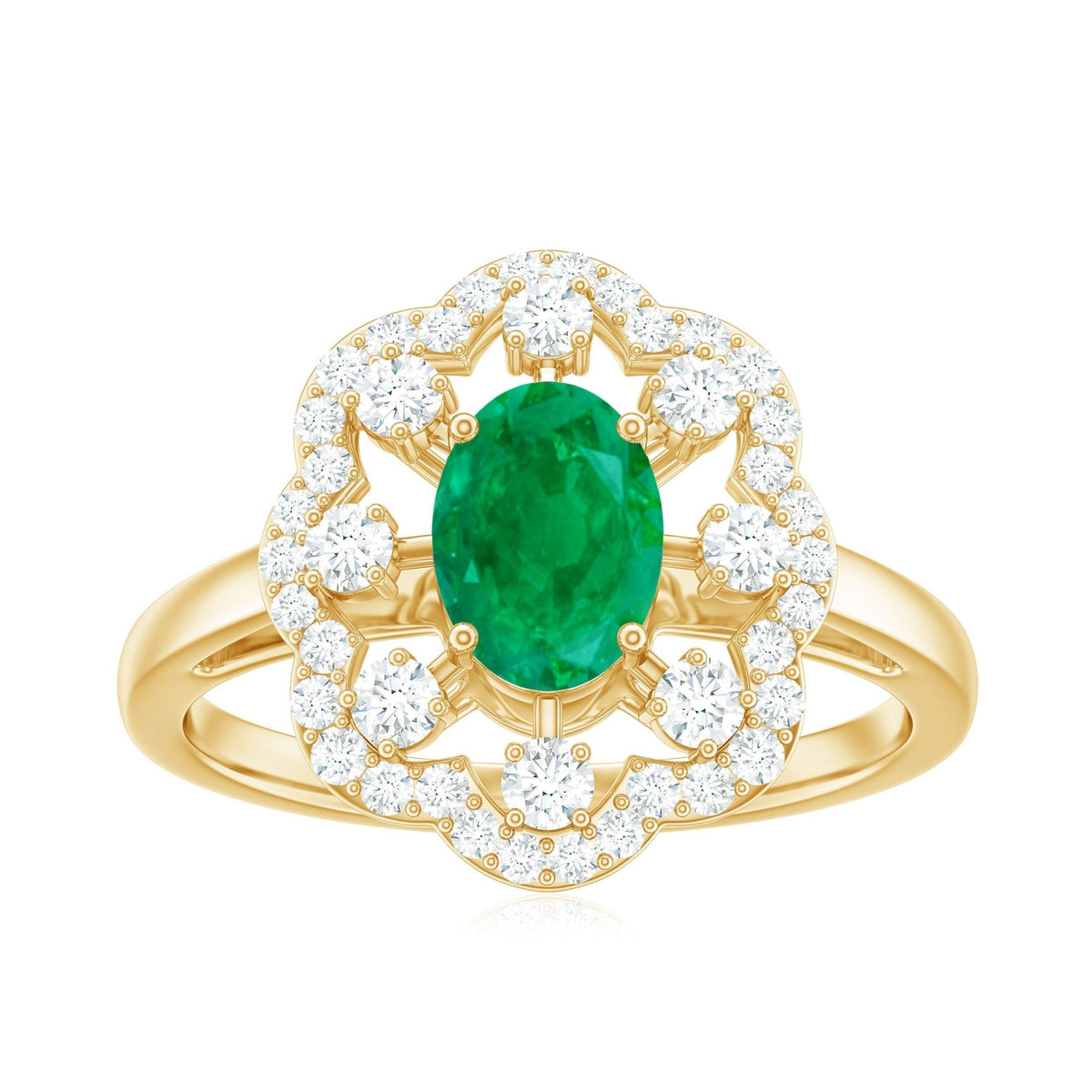 Oval Emerald Engagement Ring – Designer Flower Ring with Lab Grown Diamond Halo