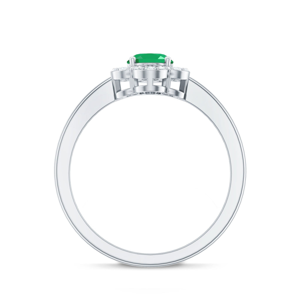 Oval Emerald Engagement Ring – Diamond Halo Floral Design, 0.7 Carat Natural Emerald