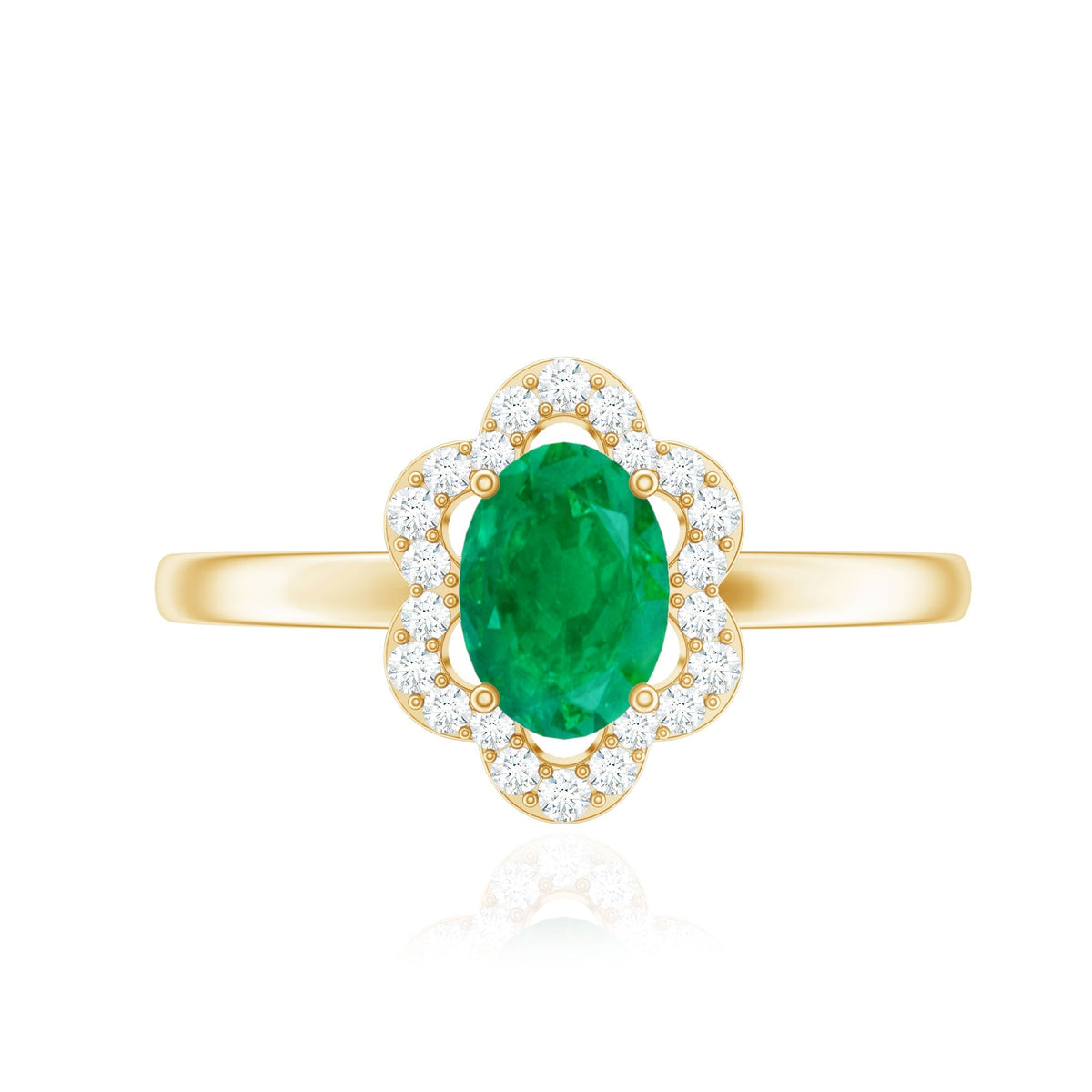 Oval Emerald Engagement Ring – Diamond Halo Floral Design, 0.7 Carat Natural Emerald