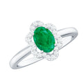 Oval Emerald Engagement Ring – Diamond Halo Floral Design, 0.7 Carat Natural Emerald