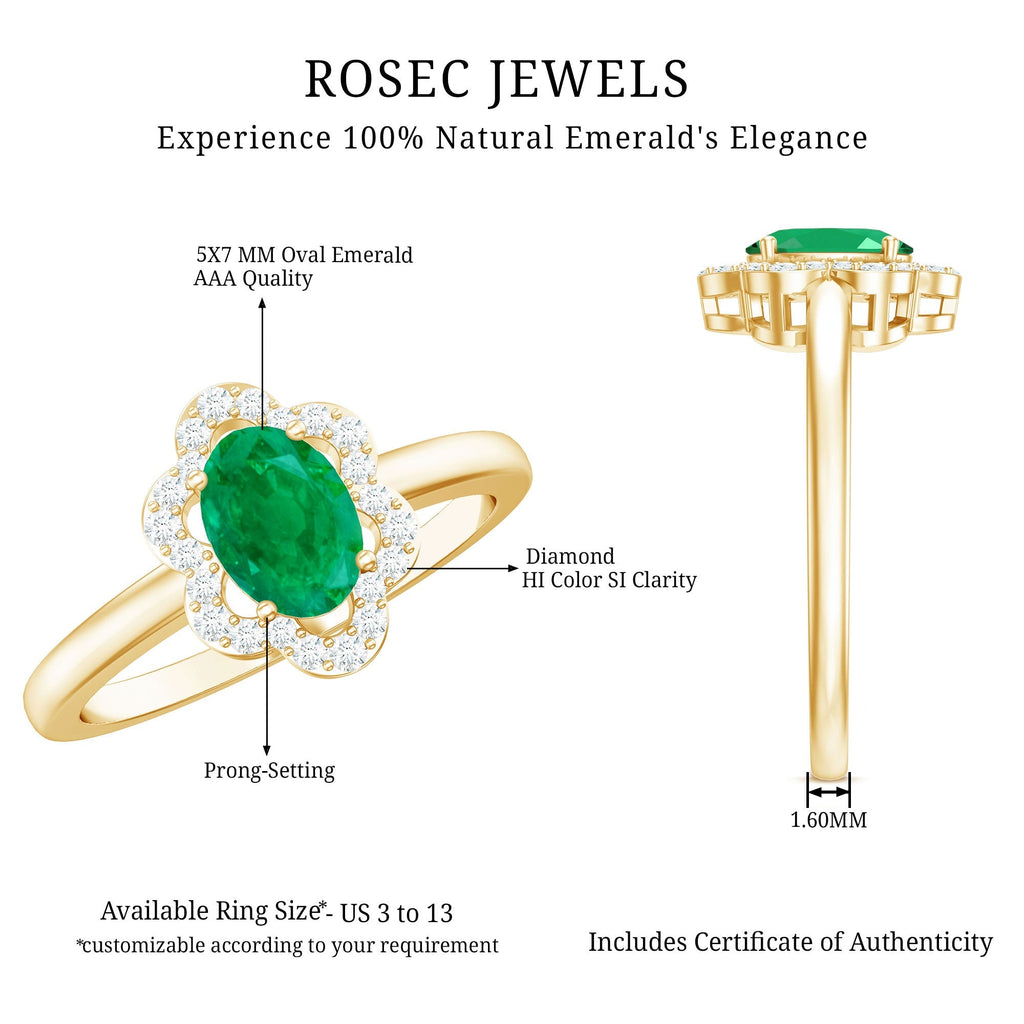 Oval Emerald Engagement Ring – Diamond Halo Floral Design, 0.7 Carat Natural Emerald