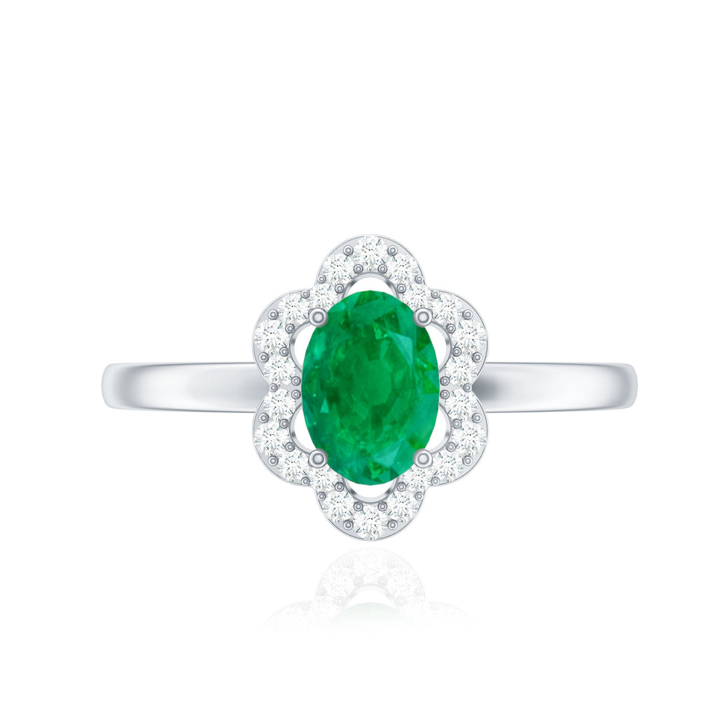 Oval Emerald Engagement Ring – Diamond Halo Floral Design, 0.7 Carat Natural Emerald