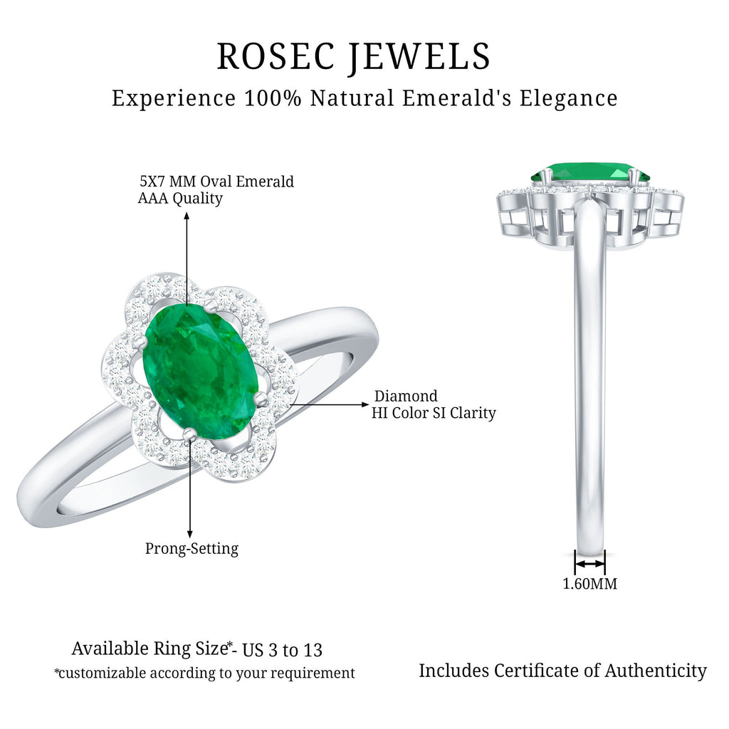 Oval Emerald Engagement Ring – Diamond Halo Floral Design, 0.7 Carat Natural Emerald