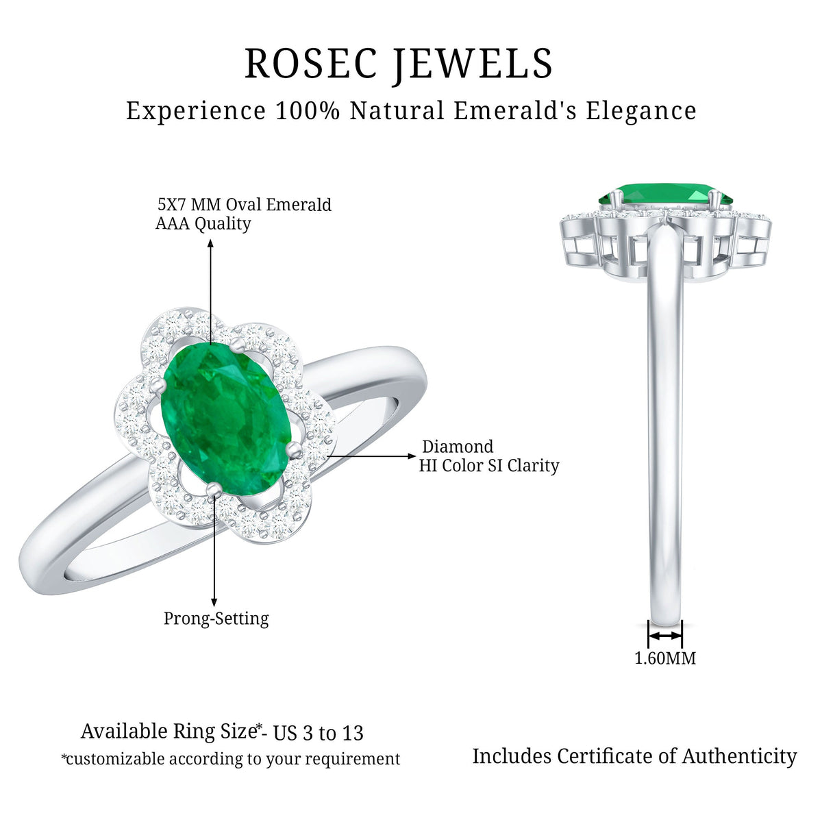 Oval Emerald Engagement Ring – Diamond Halo Floral Design, 0.7 Carat Natural Emerald