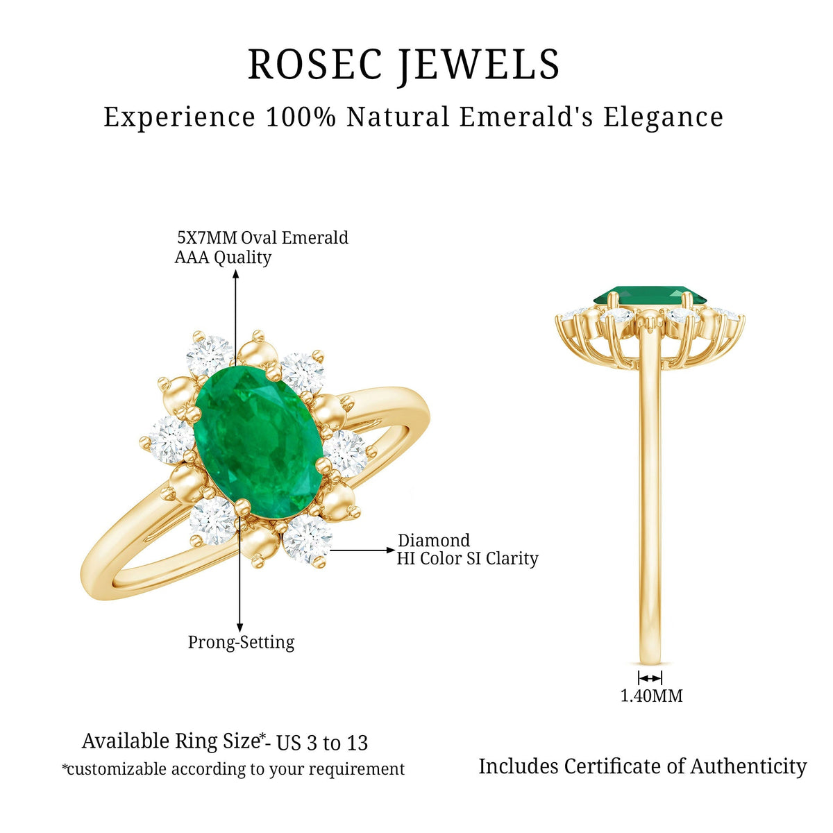 Oval Emerald Engagement Ring - Natural 5x7 mm AAA Quality Diamond Halo