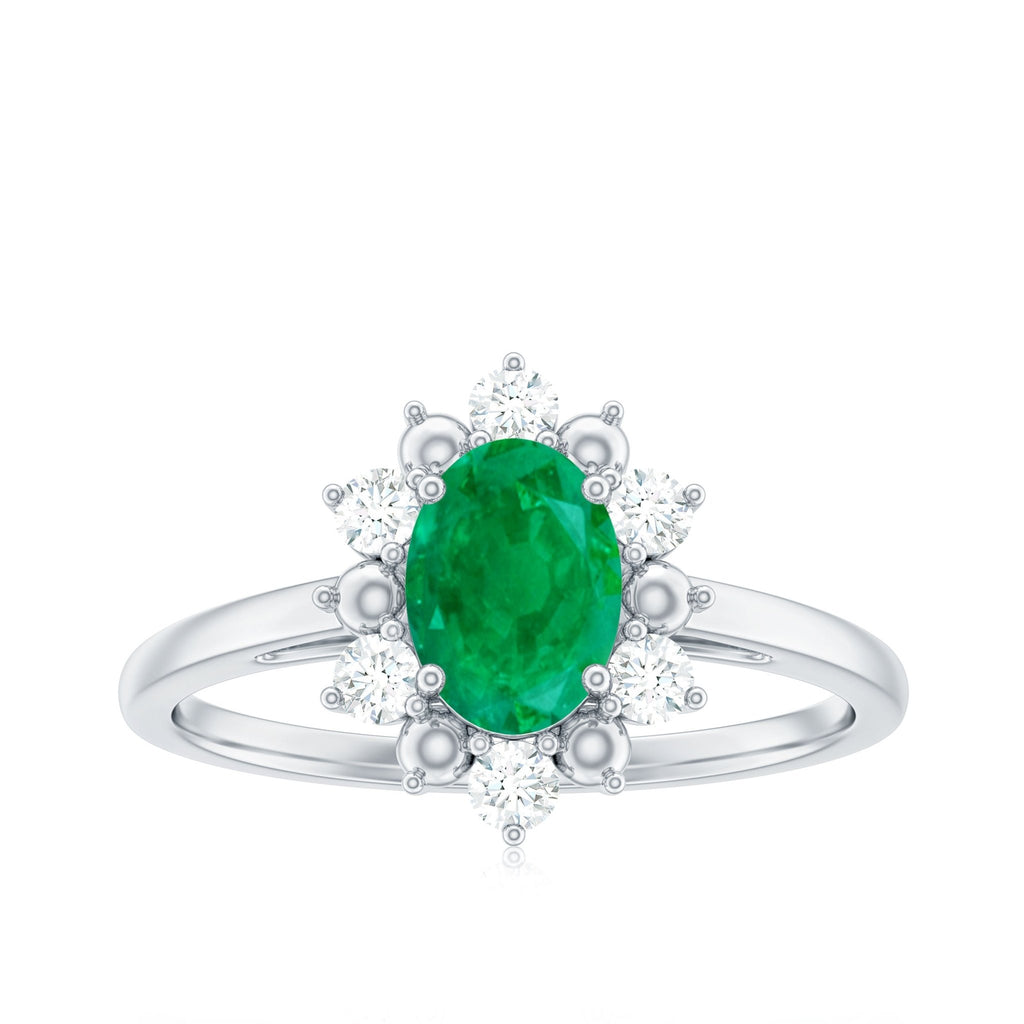 Oval Emerald Engagement Ring - Natural 5x7 mm AAA Quality Diamond Halo