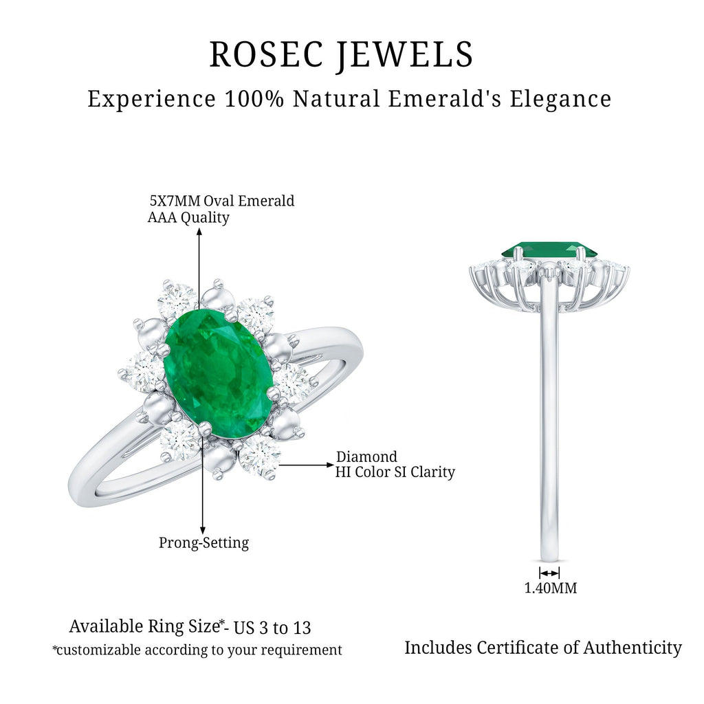 Oval Emerald Engagement Ring - Natural 5x7 mm AAA Quality Diamond Halo