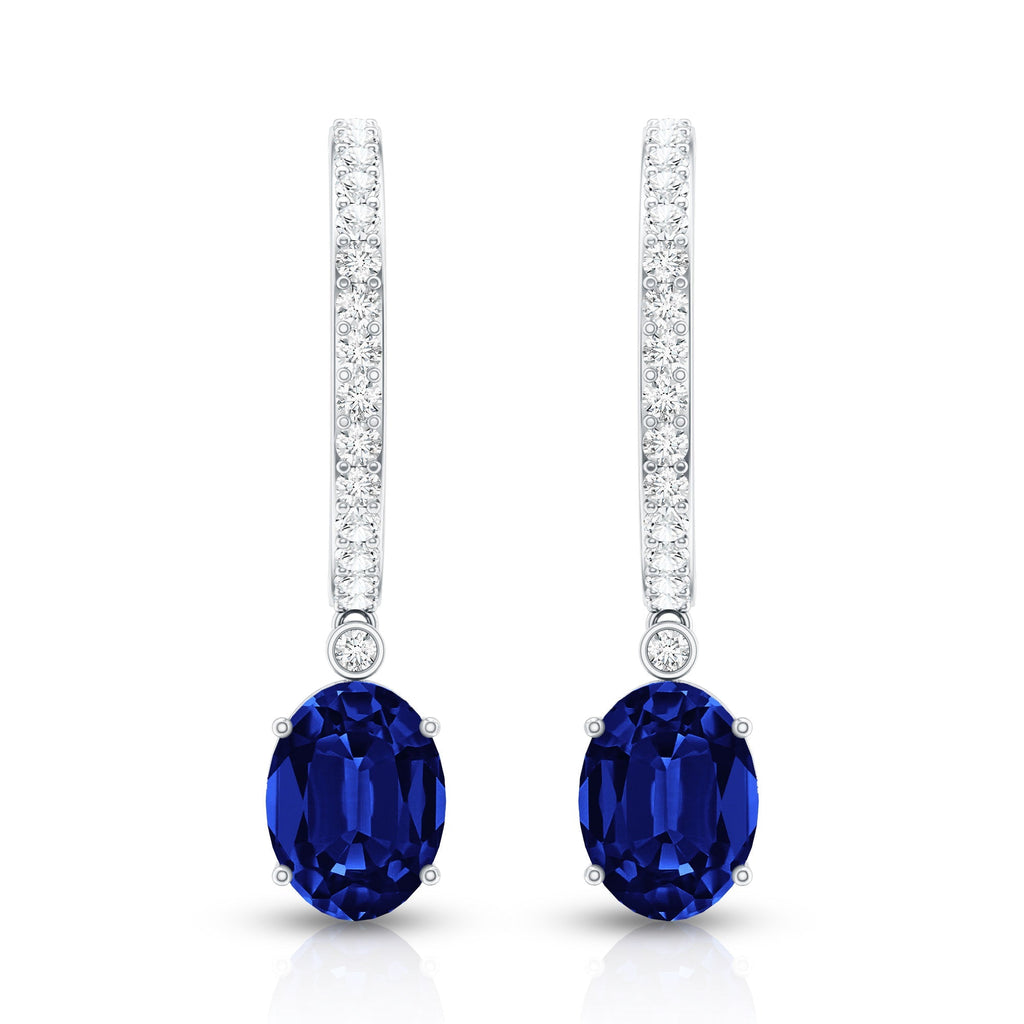 Oval Lab Created Blue Sapphire and Moissanite Hoop Drop Earrings