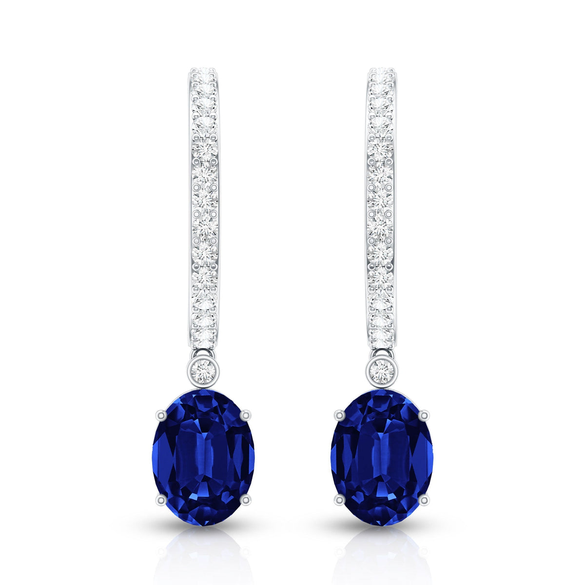 Oval Lab Created Blue Sapphire and Moissanite Hoop Drop Earrings