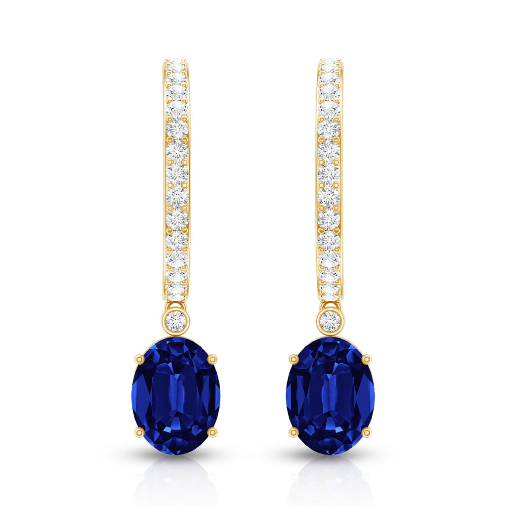 Oval Lab Created Blue Sapphire and Moissanite Hoop Drop Earrings