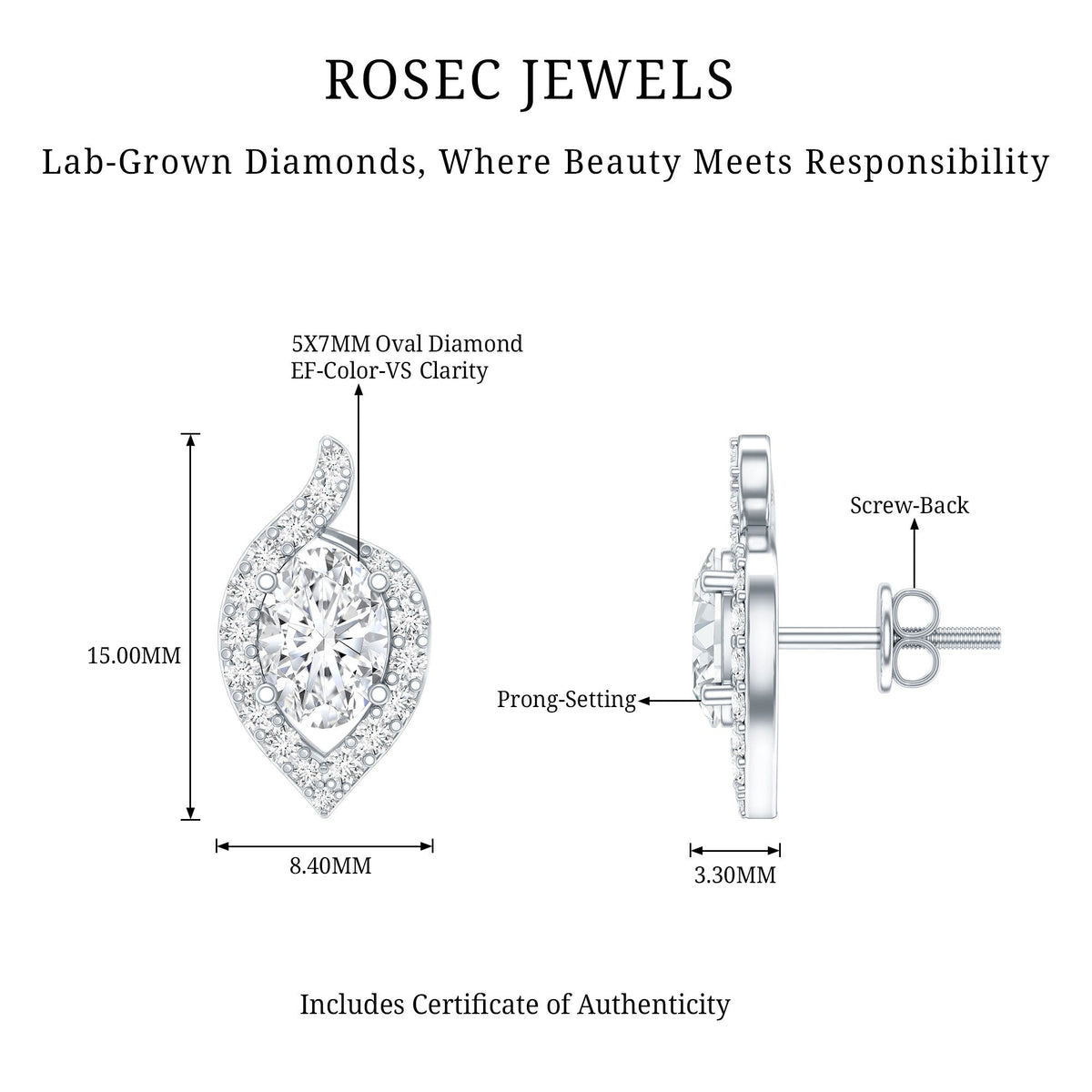Oval Lab Grown Diamond Earrings – 1.5 Carat Brilliant Cut Studs with Secure Prong Setting