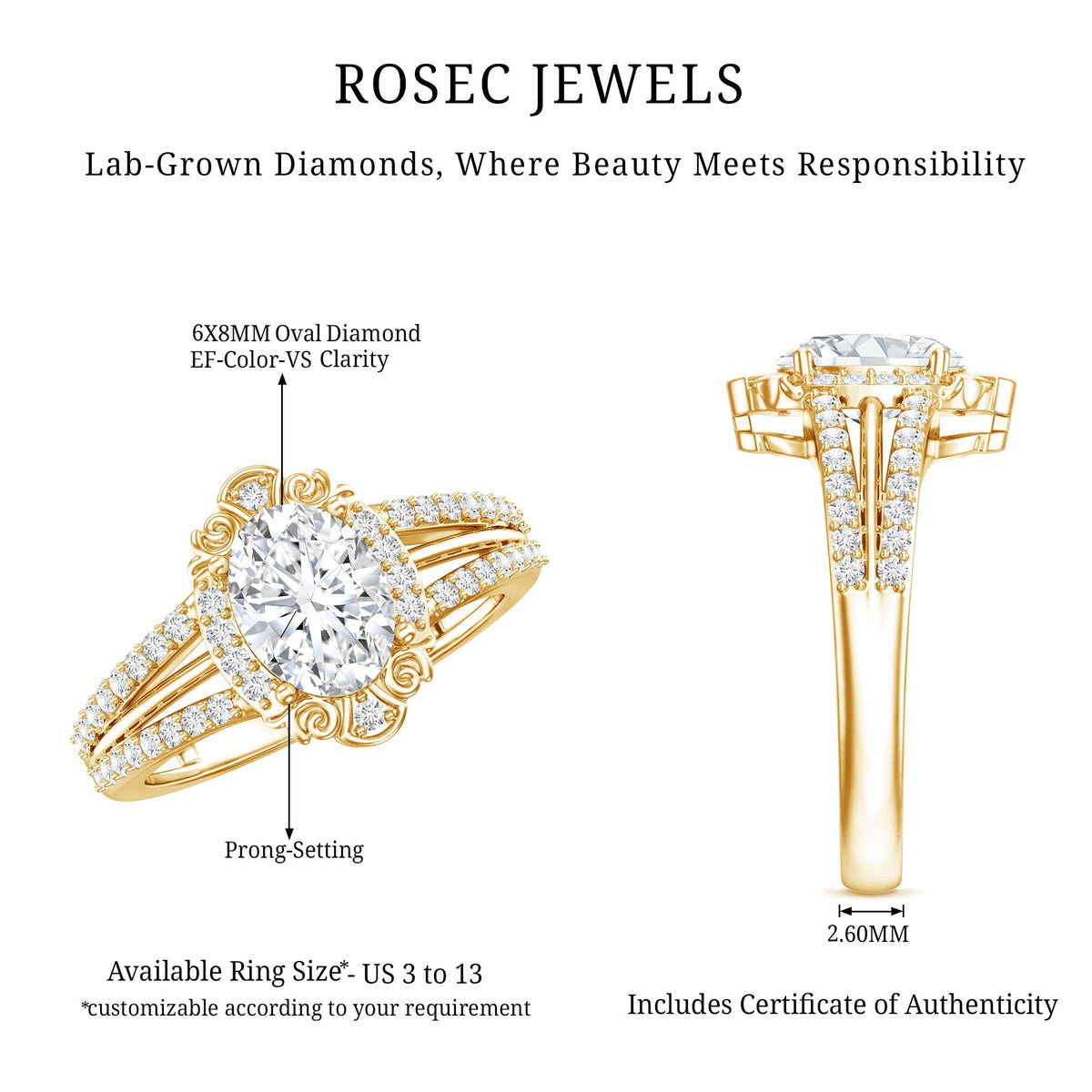 Oval Lab Grown Diamond Ring – Vintage Engagement Split Shank Prong Setting