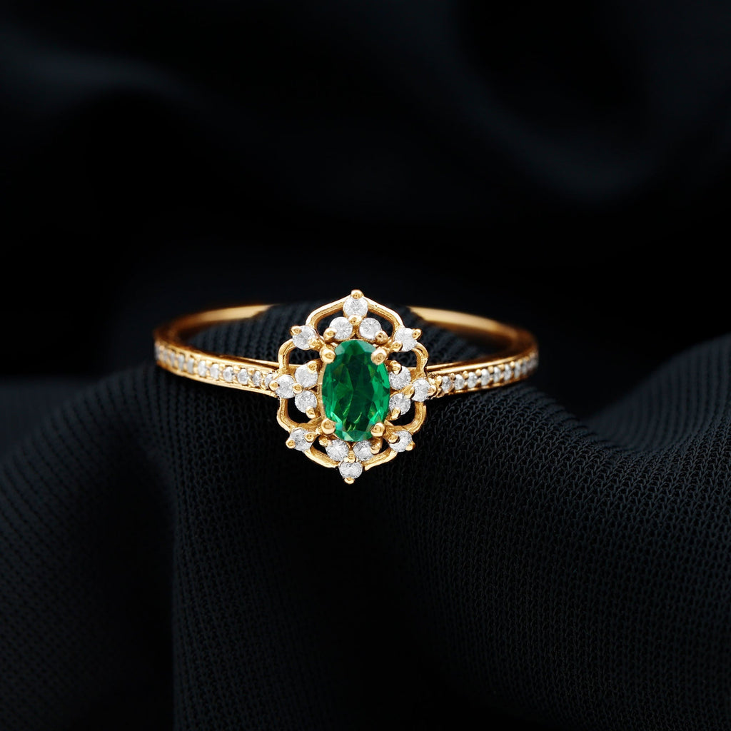 Oval Lab Grown Emerald Retro Engagement Ring With Diamond Accent Stones