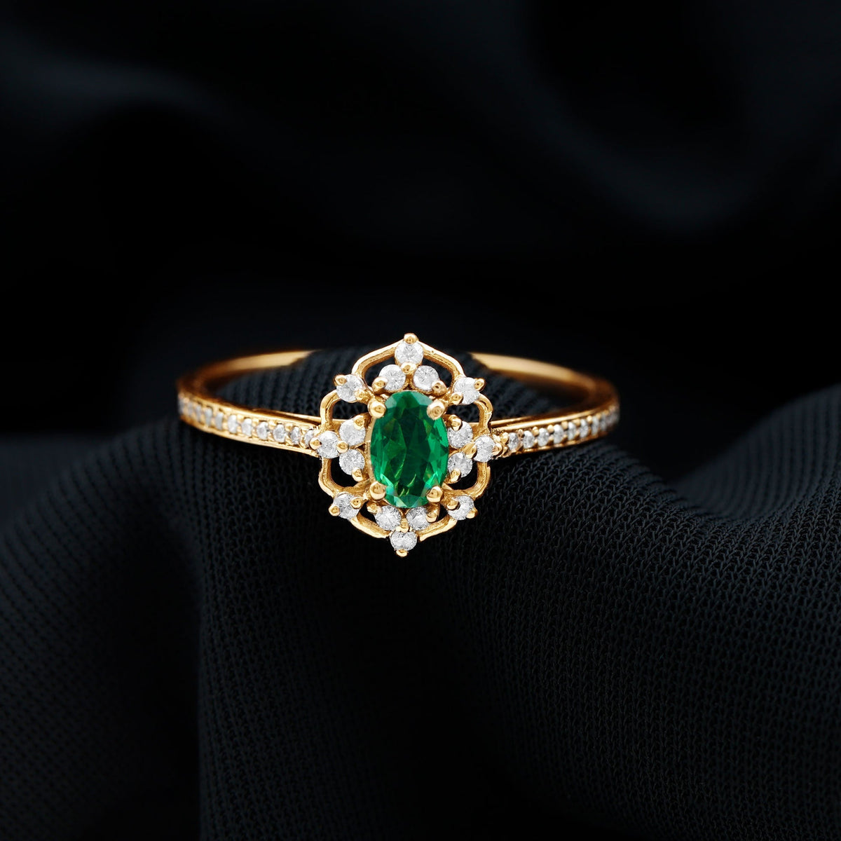 Oval Lab Grown Emerald Retro Engagement Ring With Diamond Accent Stones