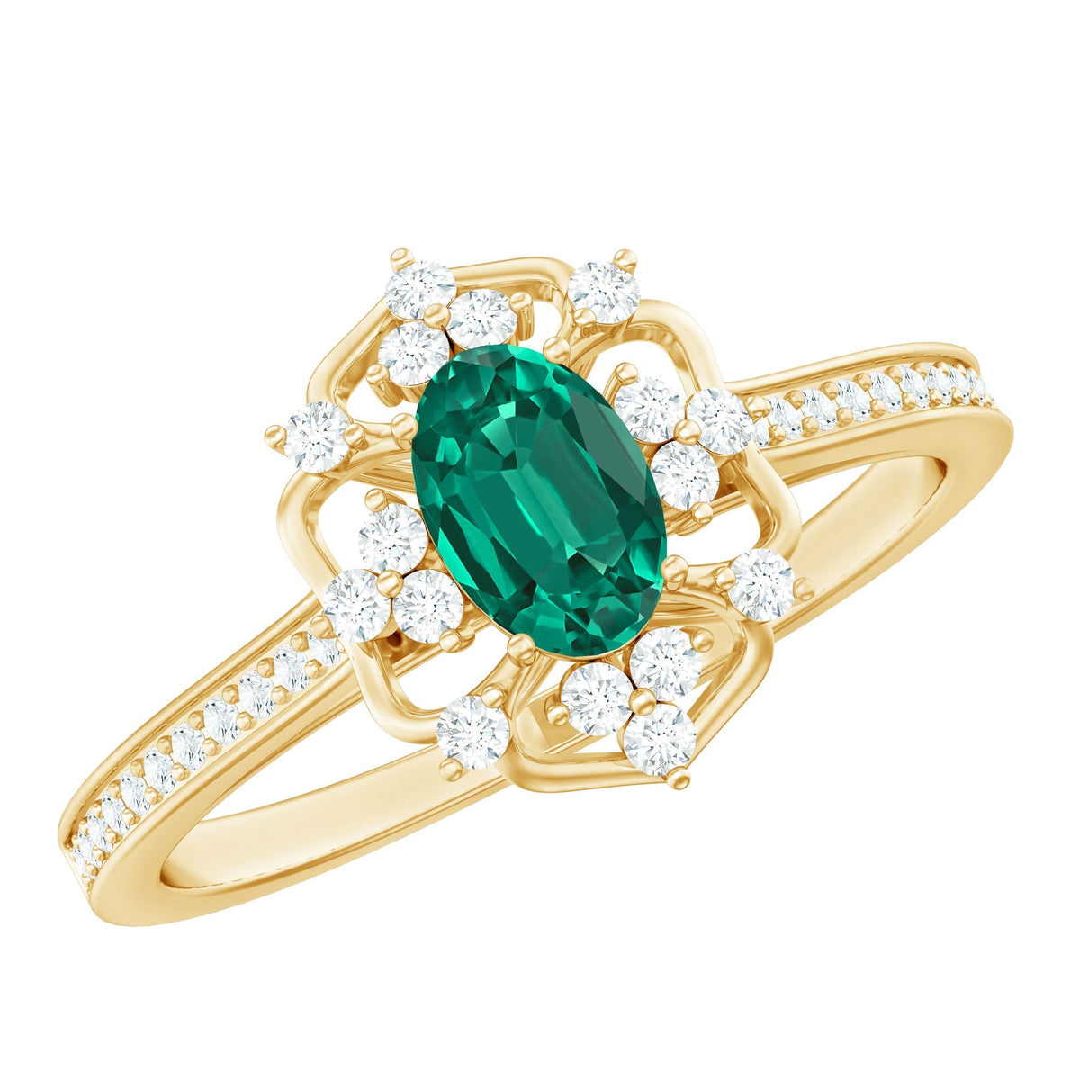 Oval Lab Grown Emerald Retro Engagement Ring With Diamond Accent Stones