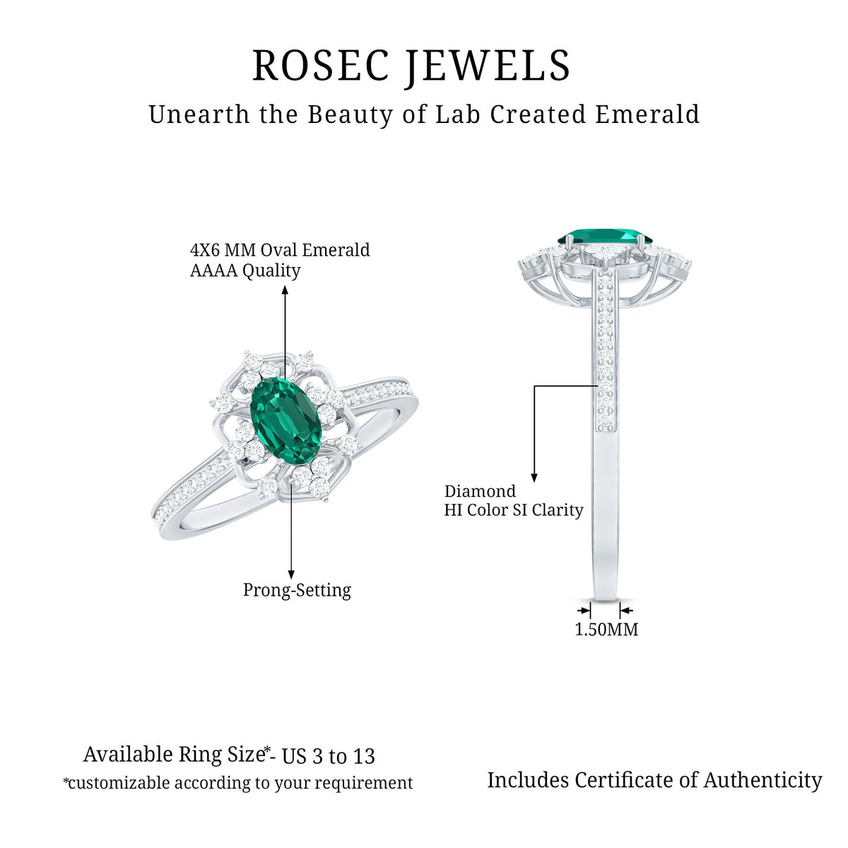 Oval Lab Grown Emerald Retro Engagement Ring With Diamond Accent Stones