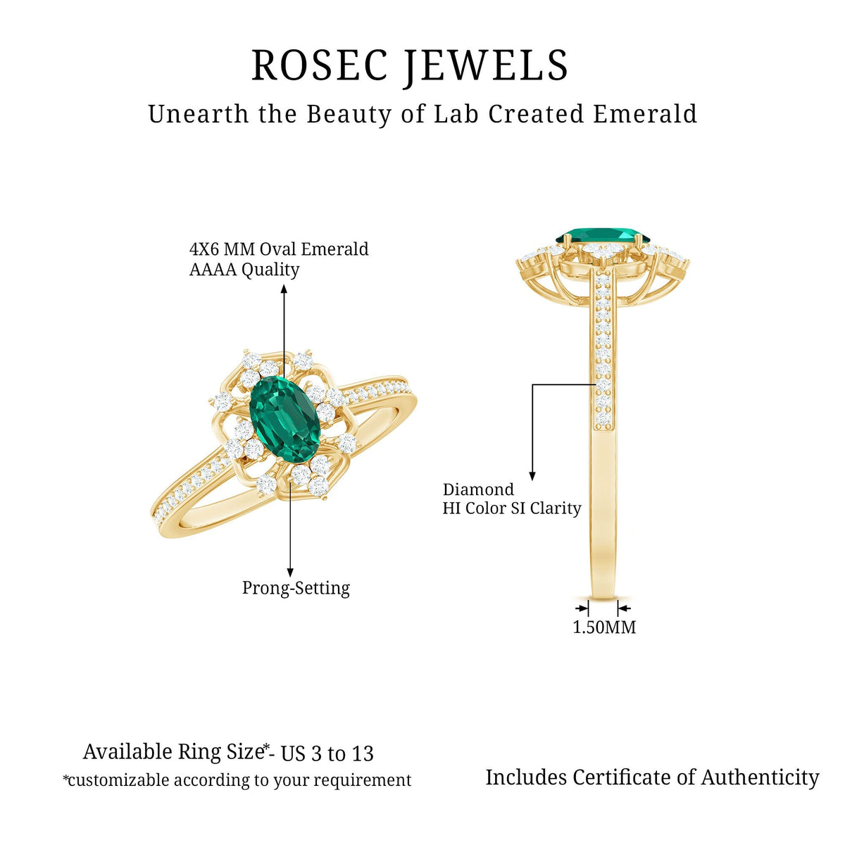 Oval Lab Grown Emerald Retro Engagement Ring With Diamond Accent Stones