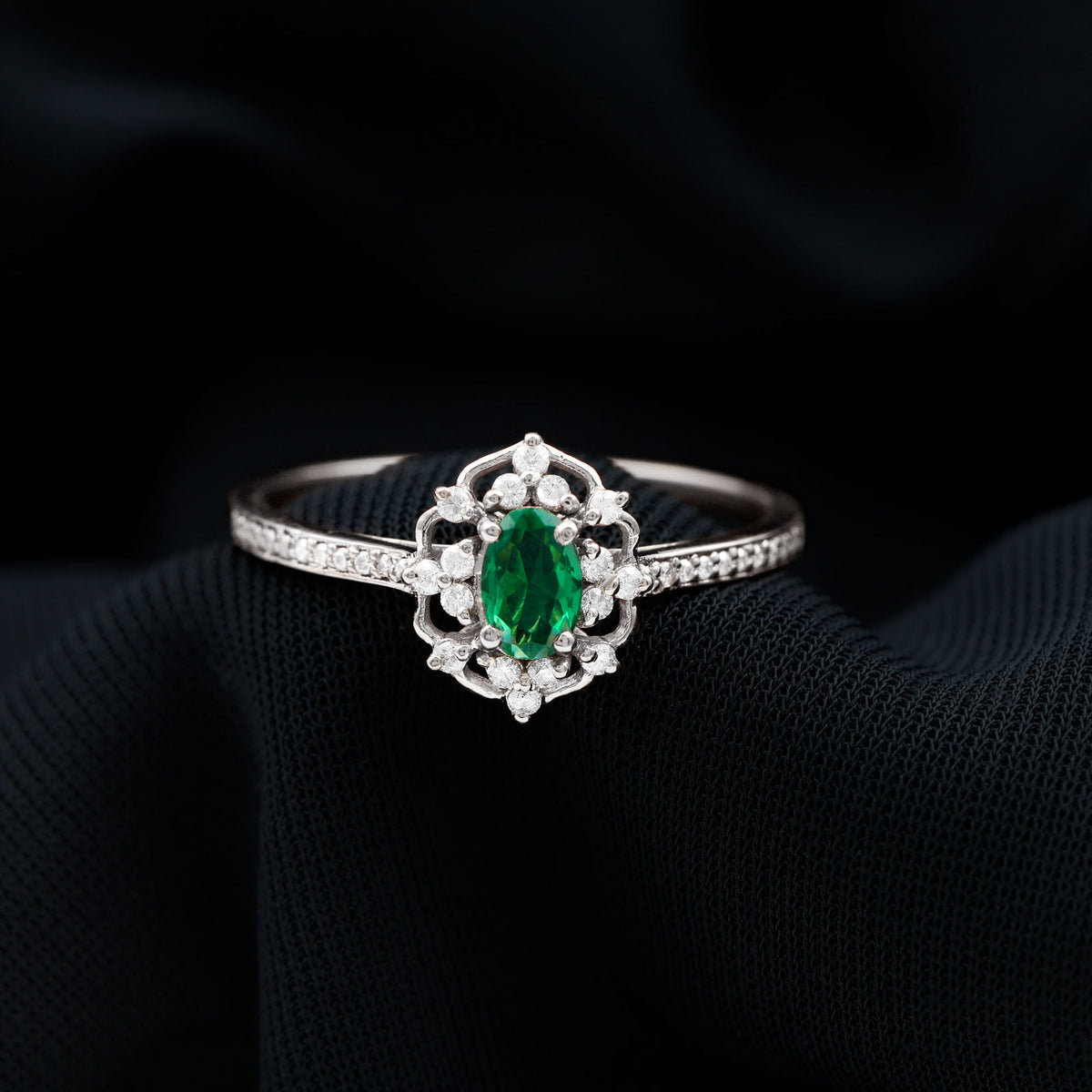 Oval Lab Grown Emerald Retro Engagement Ring With Diamond Accent Stones