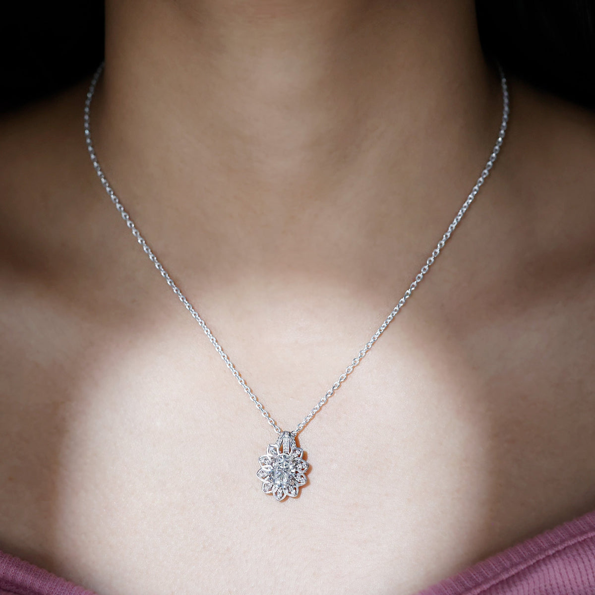 Oval Moissanite Necklace – Vintage Moissanite Pendant | 2 Carat Silver Chain
