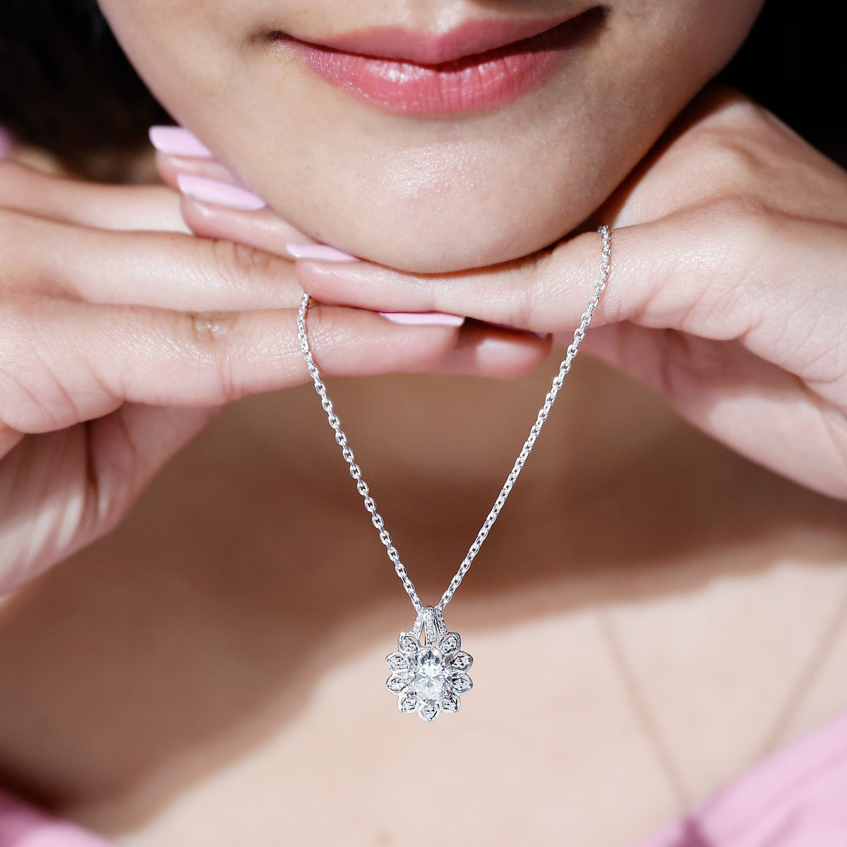 Oval Moissanite Necklace – Vintage Moissanite Pendant | 2 Carat Silver Chain