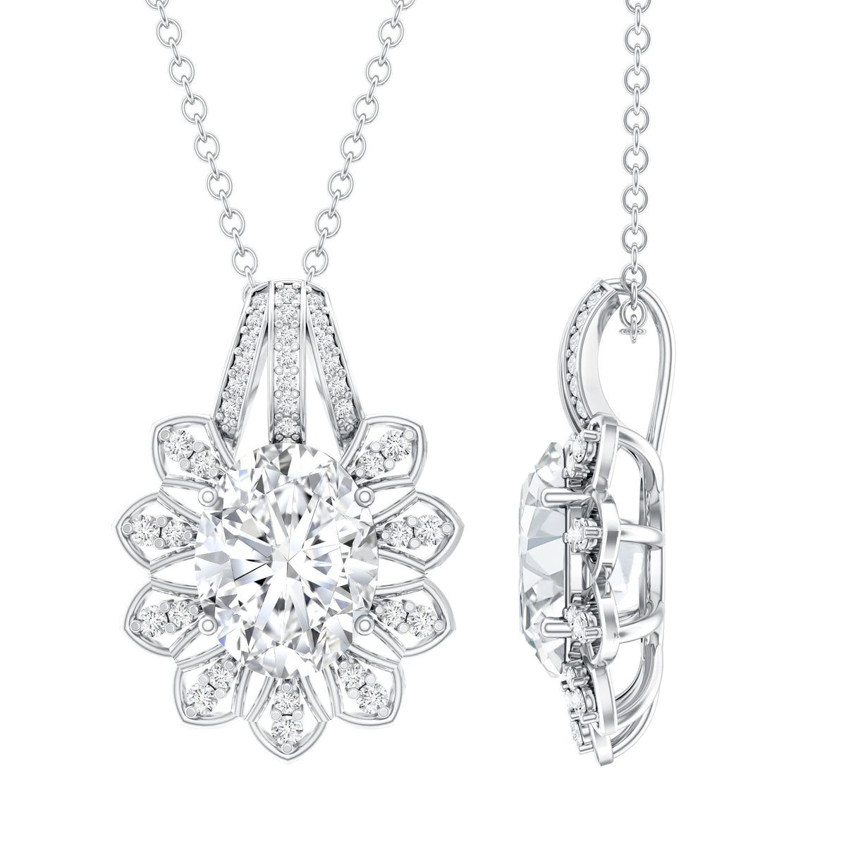 Oval Moissanite Necklace – Vintage Moissanite Pendant | 2 Carat Silver Chain