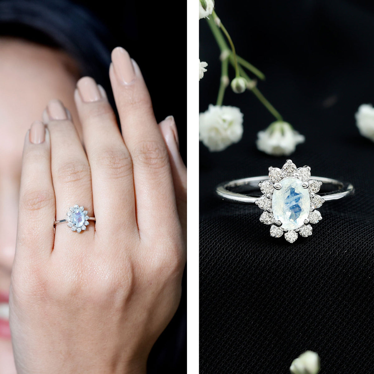 Oval Moonstone Engagement Ring - Diamond Halo Ring in White Gold with AAA Grade Moonstone