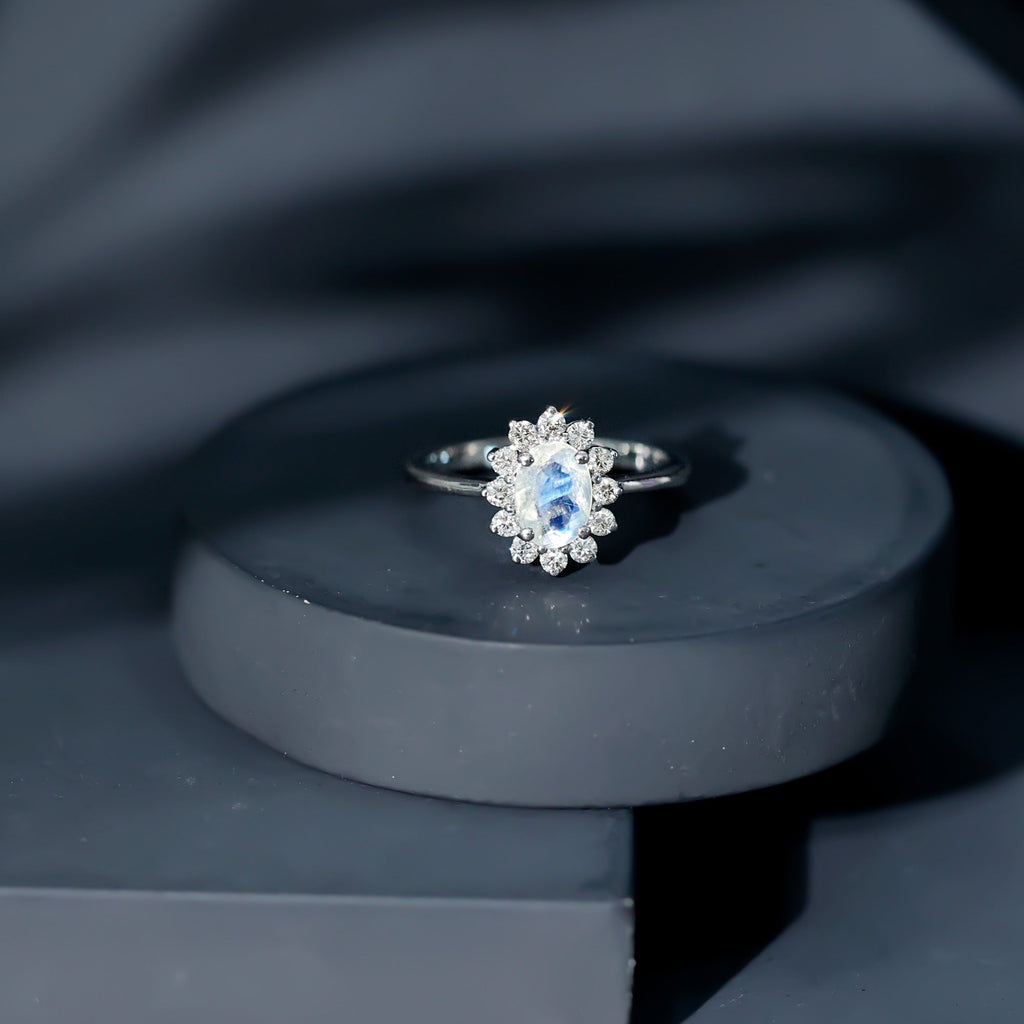 Oval Moonstone Engagement Ring - Diamond Halo Ring in White Gold with AAA Grade Moonstone