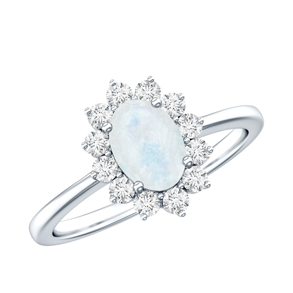 Oval Moonstone Engagement Ring - Diamond Halo Ring in White Gold with AAA Grade Moonstone