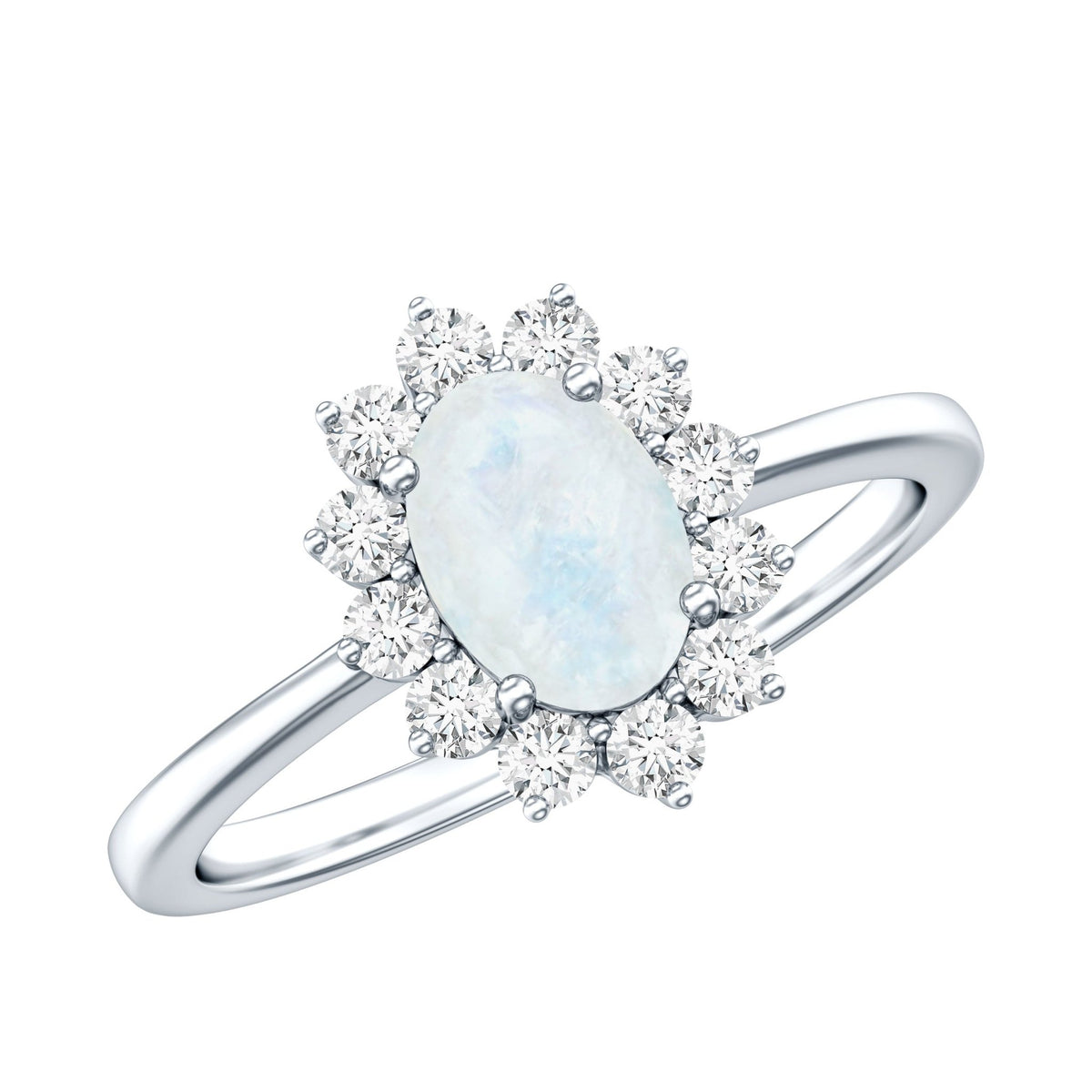 Oval Moonstone Engagement Ring - Diamond Halo Ring in White Gold with AAA Grade Moonstone