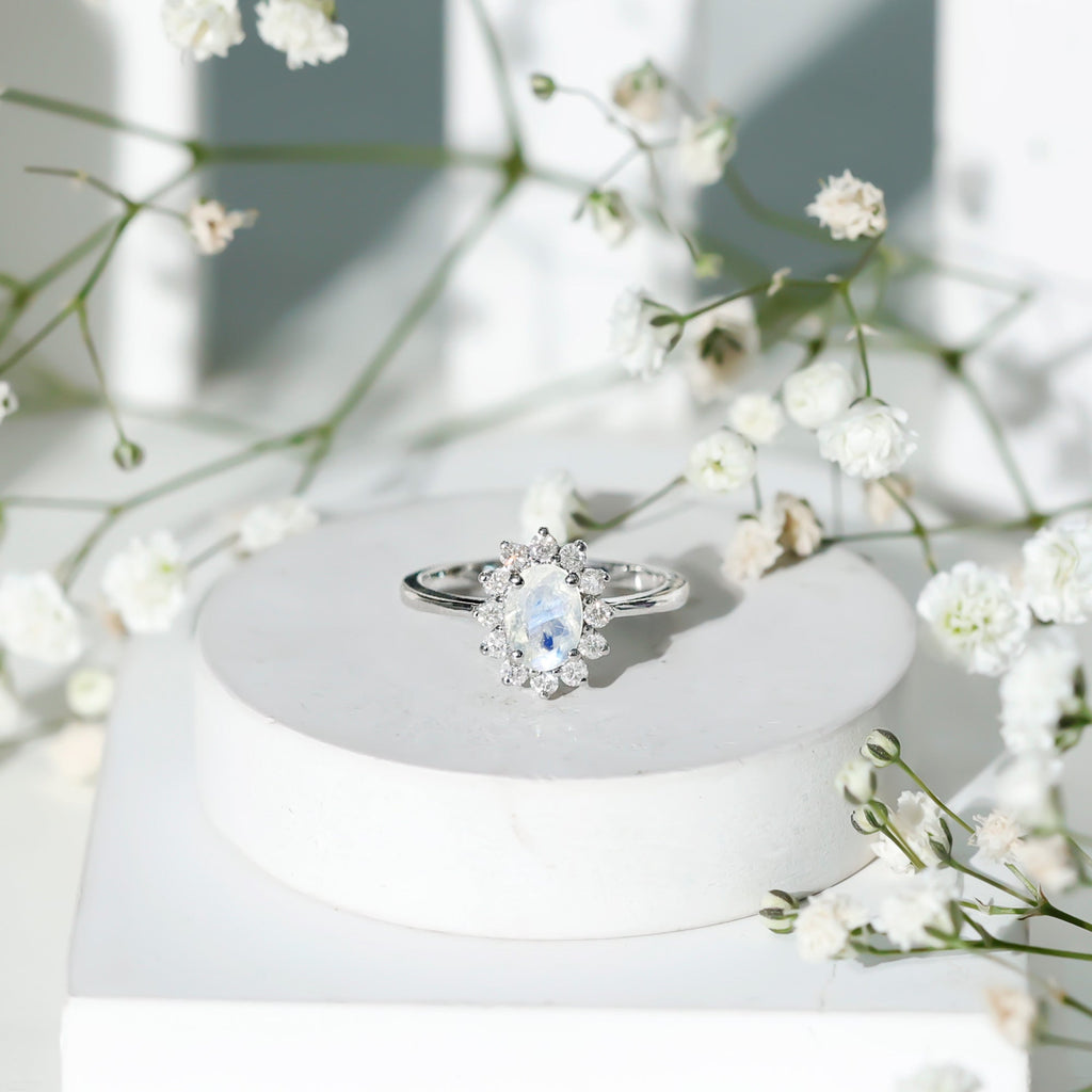 Oval Moonstone Engagement Ring - Diamond Halo Ring in White Gold with AAA Grade Moonstone