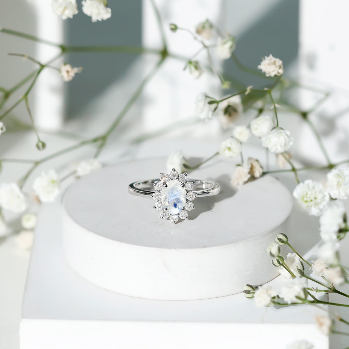 Oval Moonstone Engagement Ring - Diamond Halo Ring in White Gold with AAA Grade Moonstone