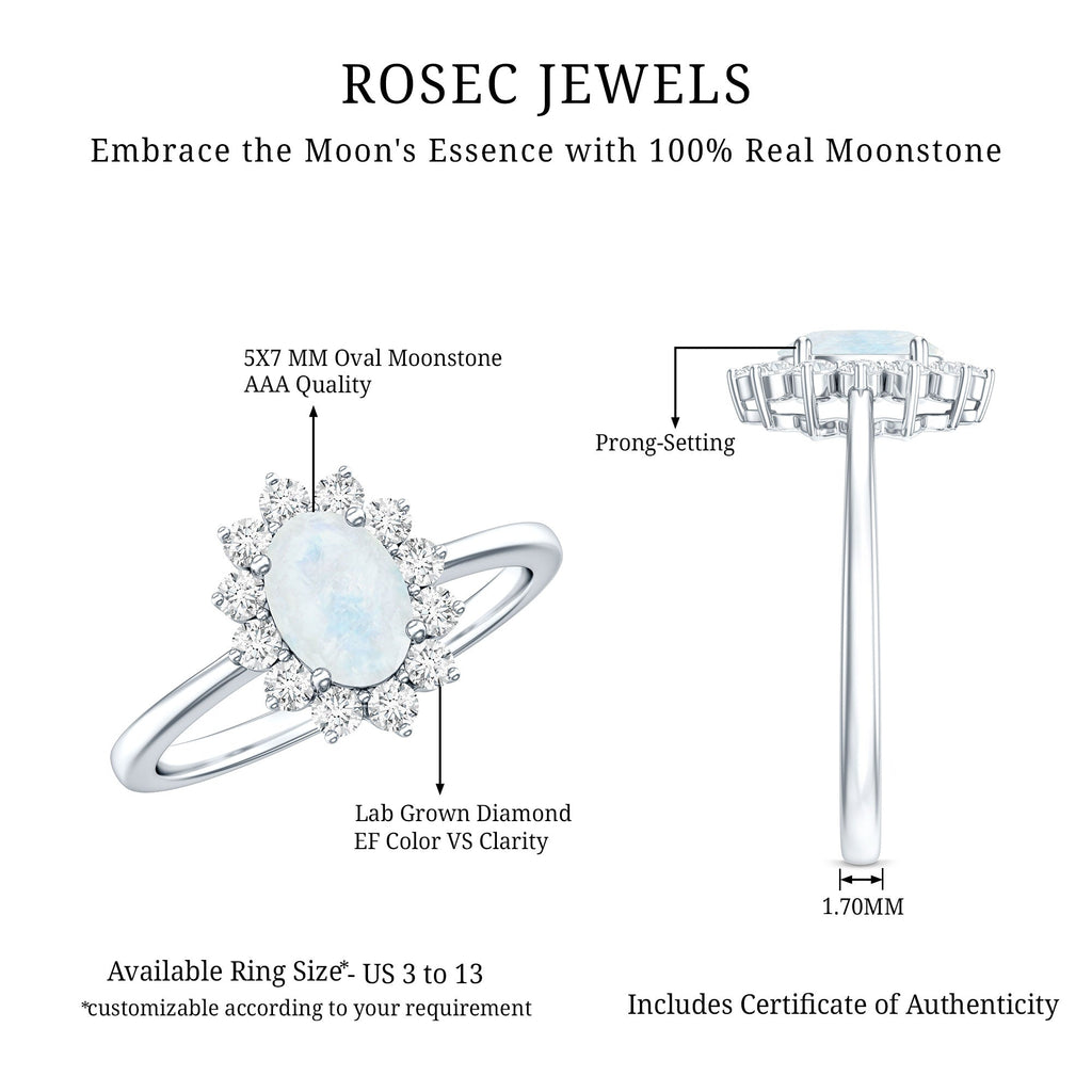 Oval Moonstone Engagement Ring - Diamond Halo Ring in White Gold with AAA Grade Moonstone