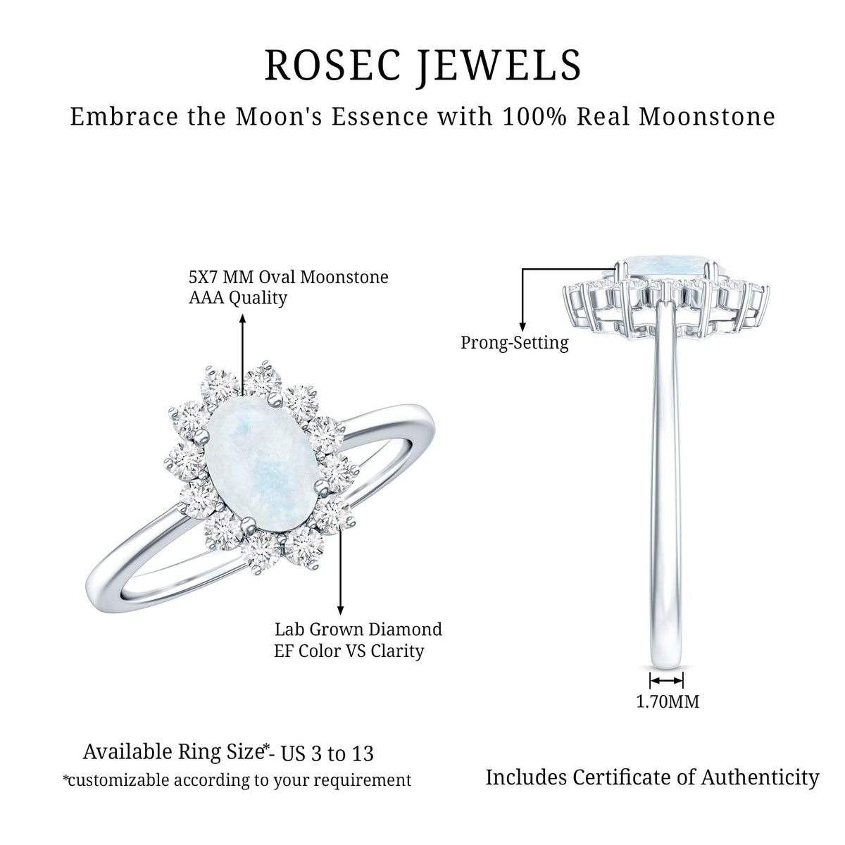 Oval Moonstone Engagement Ring - Diamond Halo Ring in White Gold with AAA Grade Moonstone