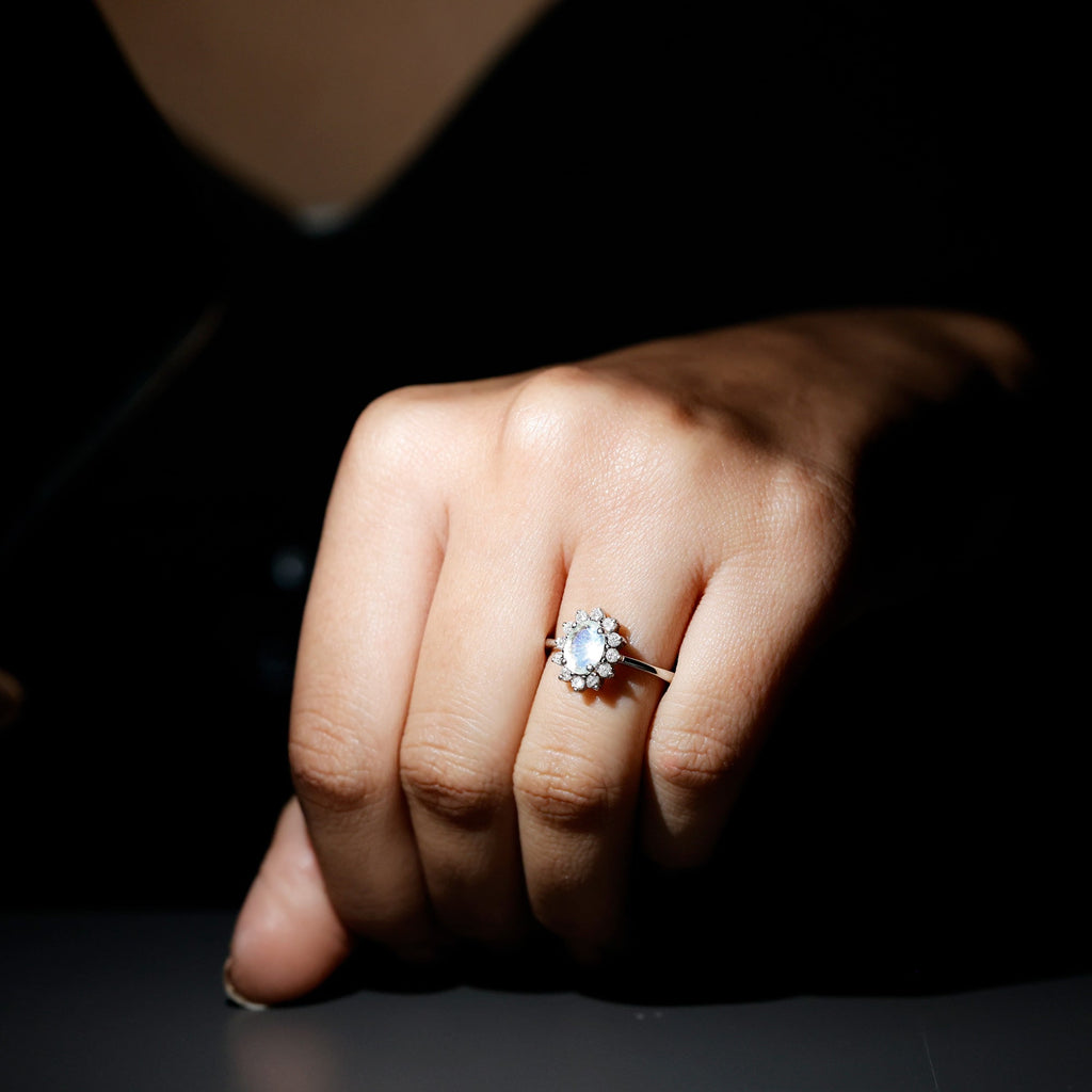 Oval Moonstone Engagement Ring - Diamond Halo Ring in White Gold with AAA Grade Moonstone