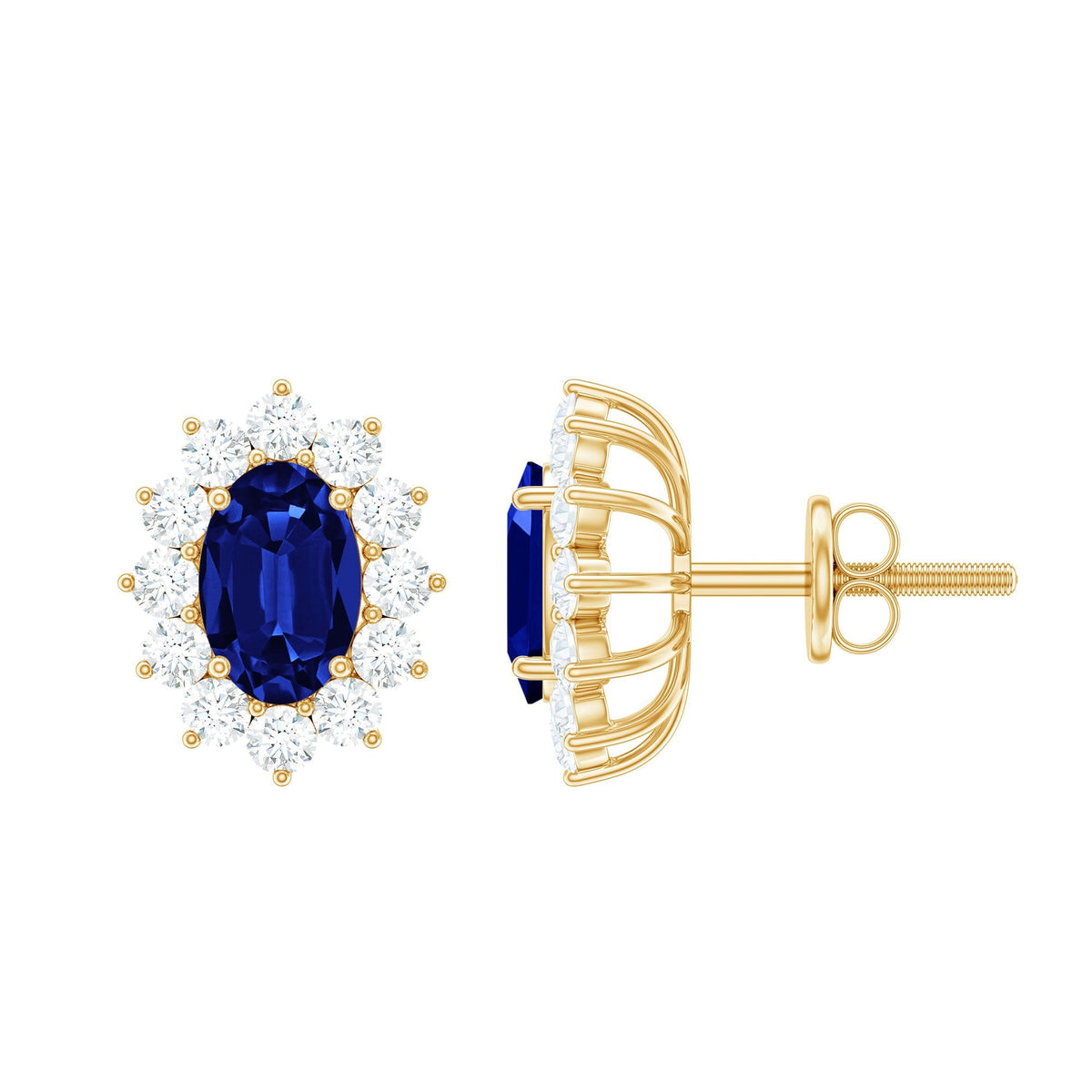 Oval Shaped Lab Grown Blue Sapphire and Diamond Halo Stud Earrings