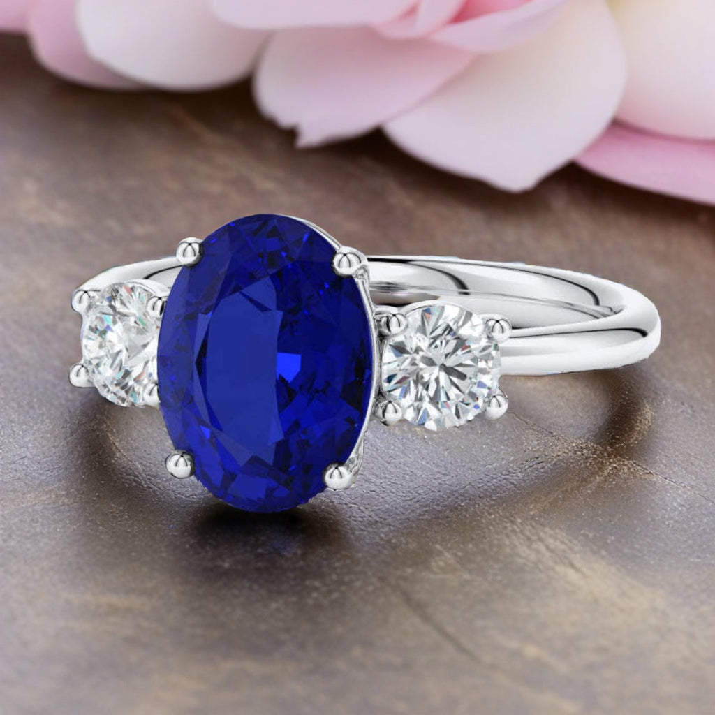 Lab Grown Sapphire Ring – 2.50 CTW Oval Sapphire Three Stone Engagement in 14K White Gold