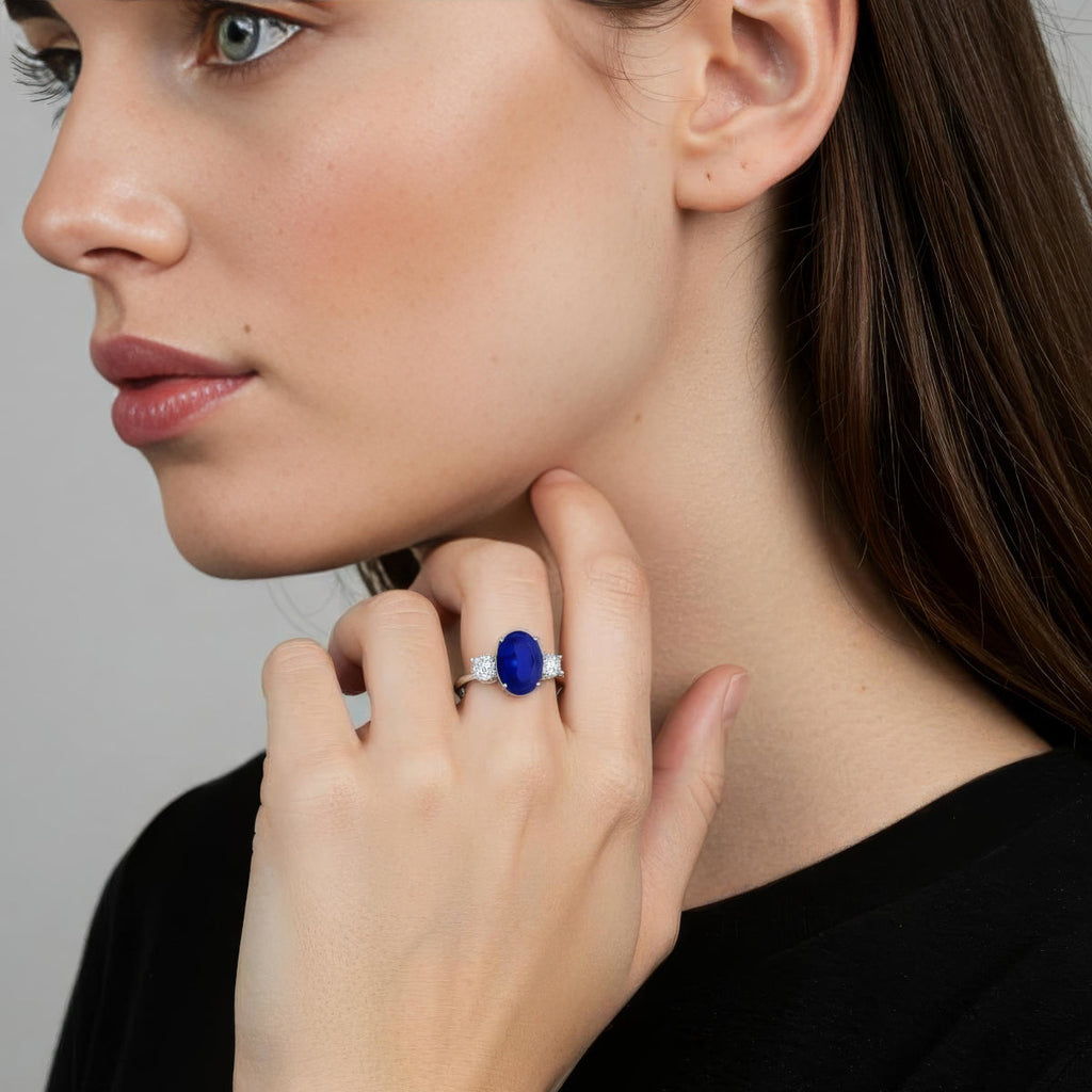 Lab Grown Sapphire Ring – 2.50 CTW Oval Sapphire Three Stone Engagement in 14K White Gold