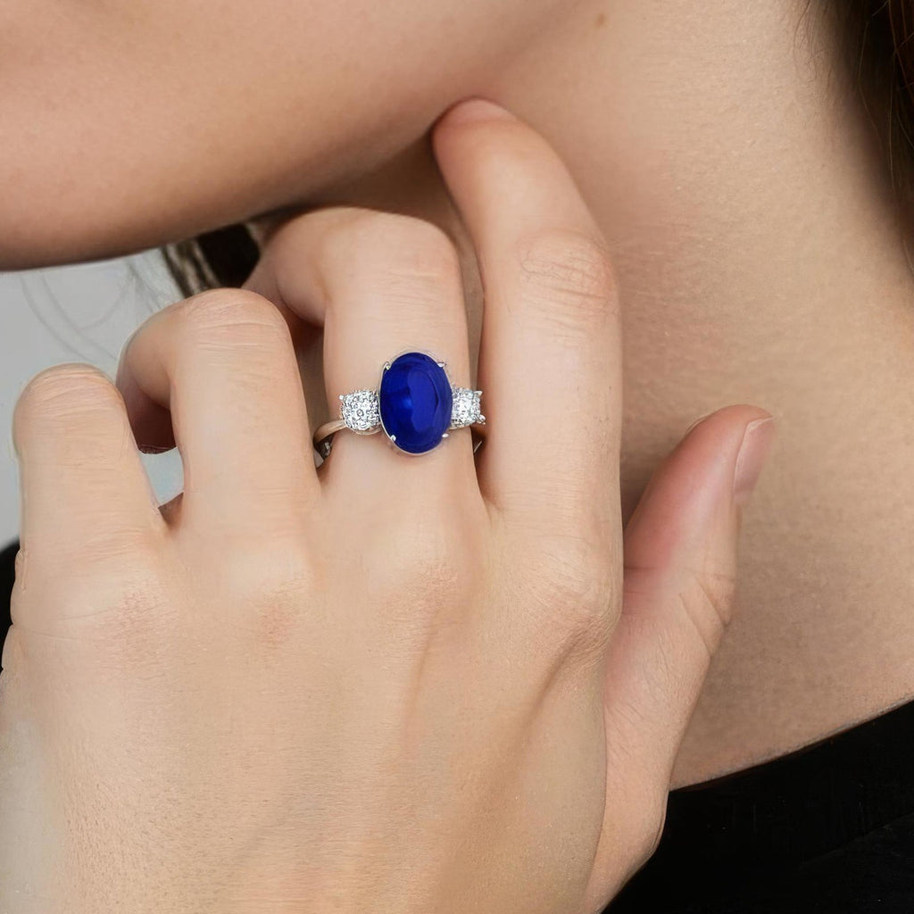 Lab Grown Sapphire Ring – 2.50 CTW Oval Sapphire Three Stone Engagement in 14K White Gold