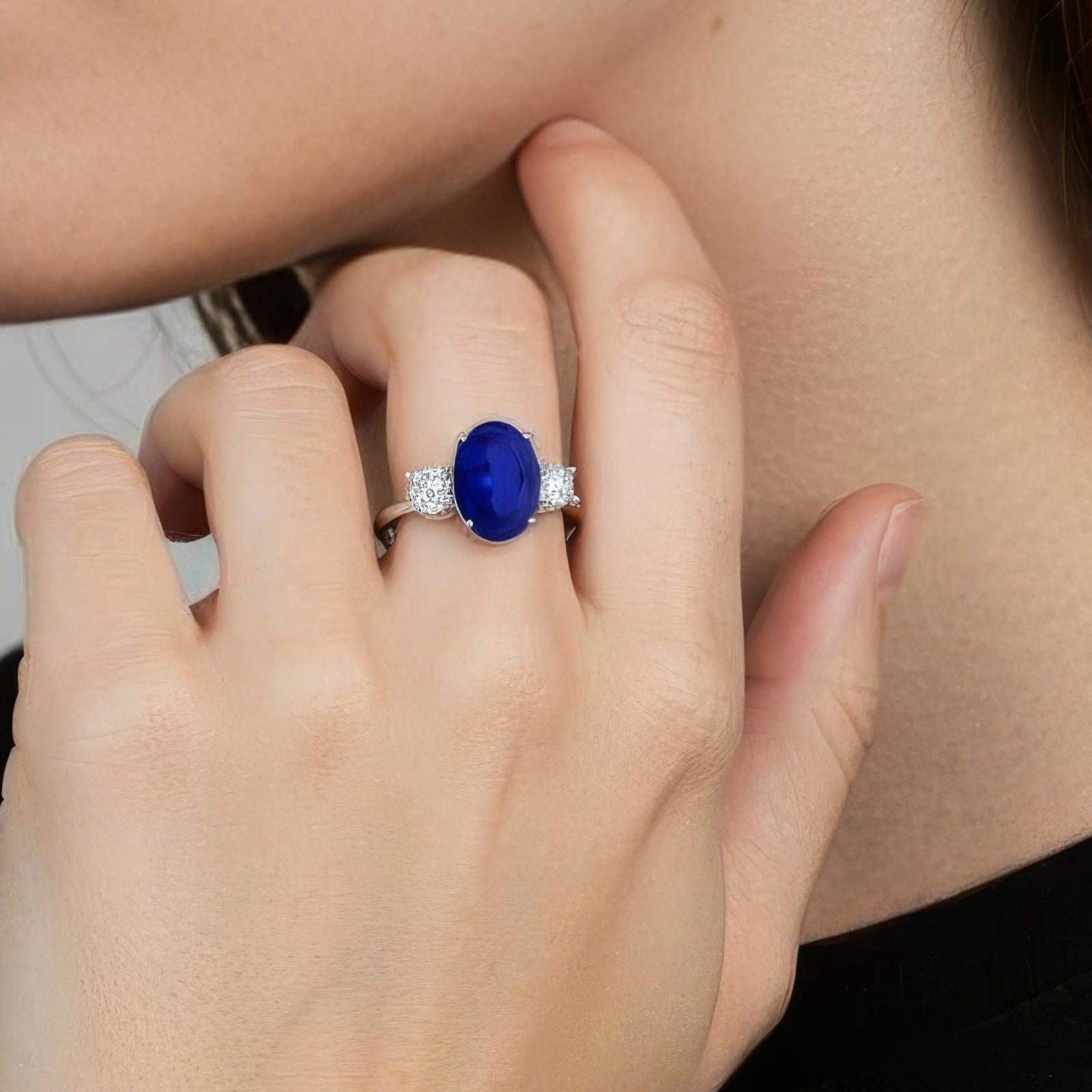 Lab Grown Sapphire Ring – 2.50 CTW Oval Sapphire Three Stone Engagement in 14K White Gold